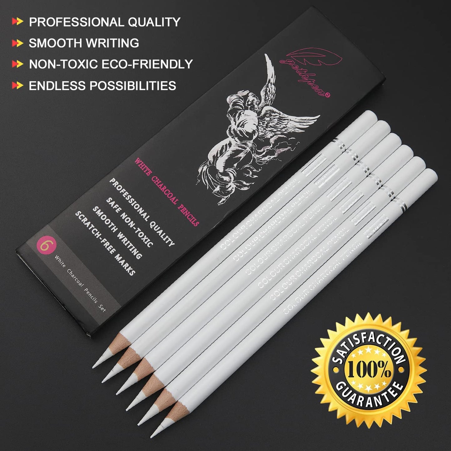 GETHPEN Professional White Charcoal Pencils Set - 6 Pieces Sketch Highlight White Pencils for Drawing, Sketching, Shading, Blending, White Chalk Pencils for Beginners & Artists