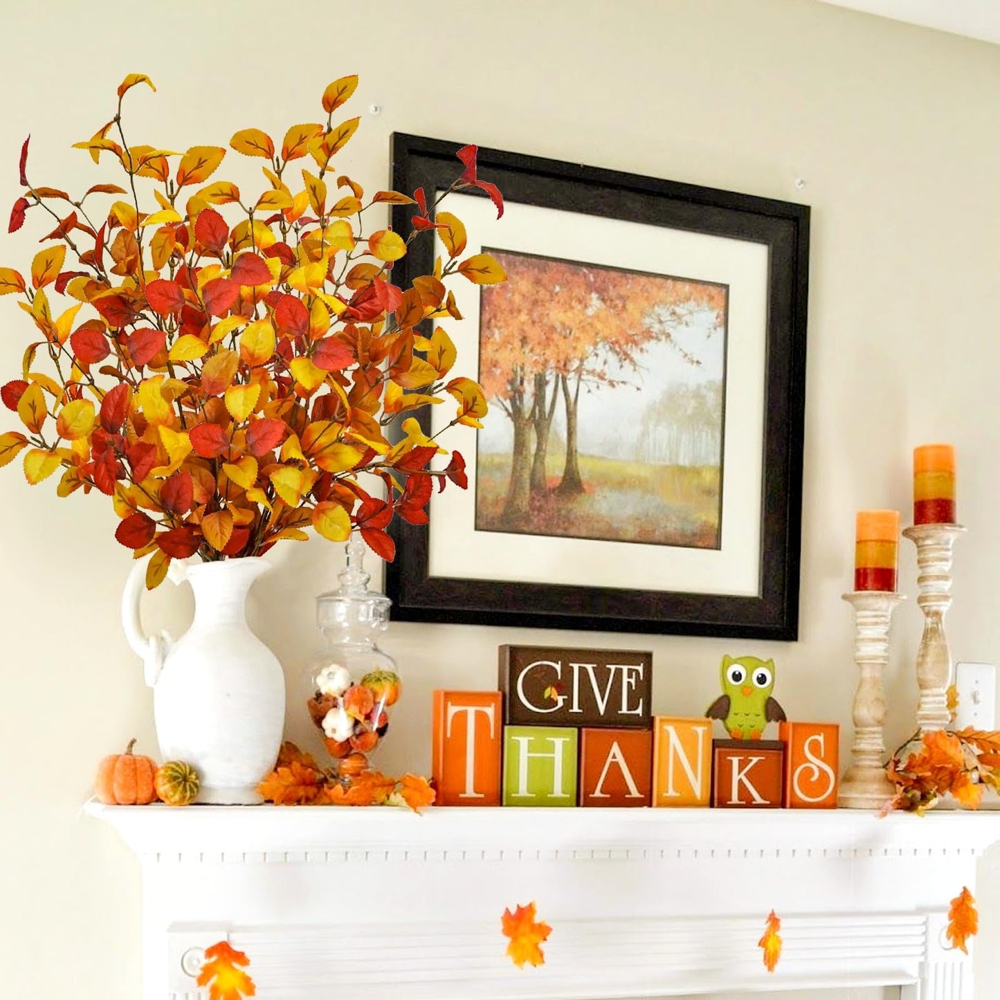 16pcs Artificial Fall Leaves Stems, 27" Fall Flowers Eucalyptus Leaves Branches Faux Fall Leaf Spray Fall Decorations for Home Floral Arrangement Autumn Table Centerpiece