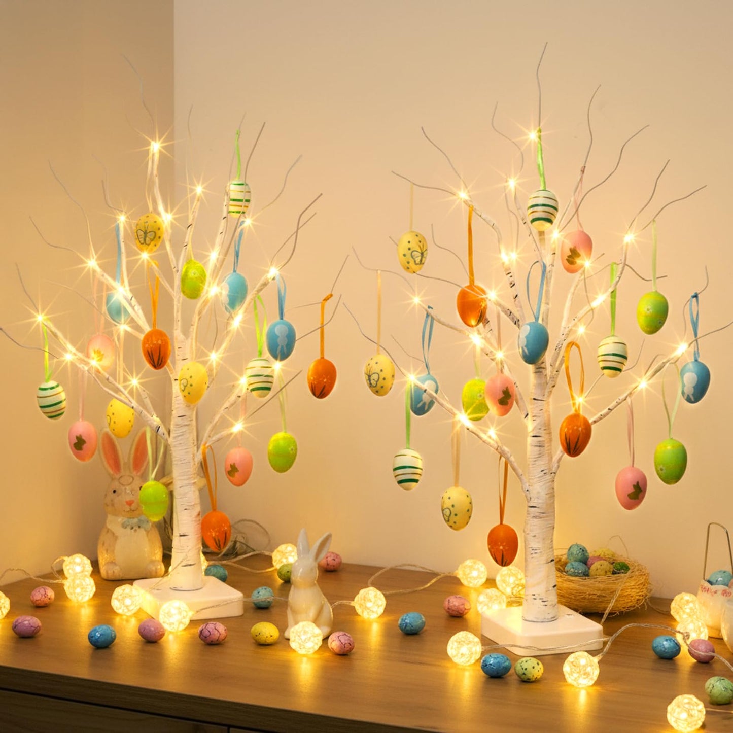 Easter Decorations, Easter Egg Tree with 36 pcs Eggs Ornaments, Lighted White Birch Tree with Timer Battery Powered, for Home Tabletop Centerpiece Spring Indoor Decorations (2 Pack 24 LED)