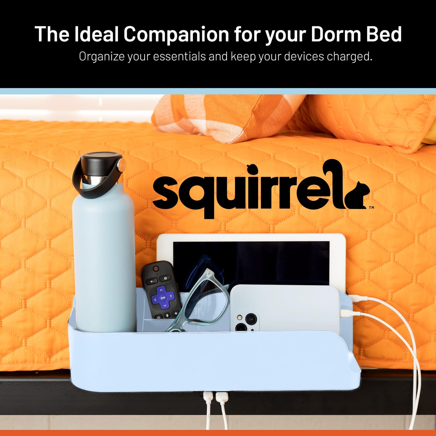 Squirrel-Bedside Perch, Floating Organizer with USB-C & A Charging Ports, Great Bedside Shelfie, Gift for teens and college freshman, for Gamers, Dorm room gifts. Assembly in 1 minute. Light Blue