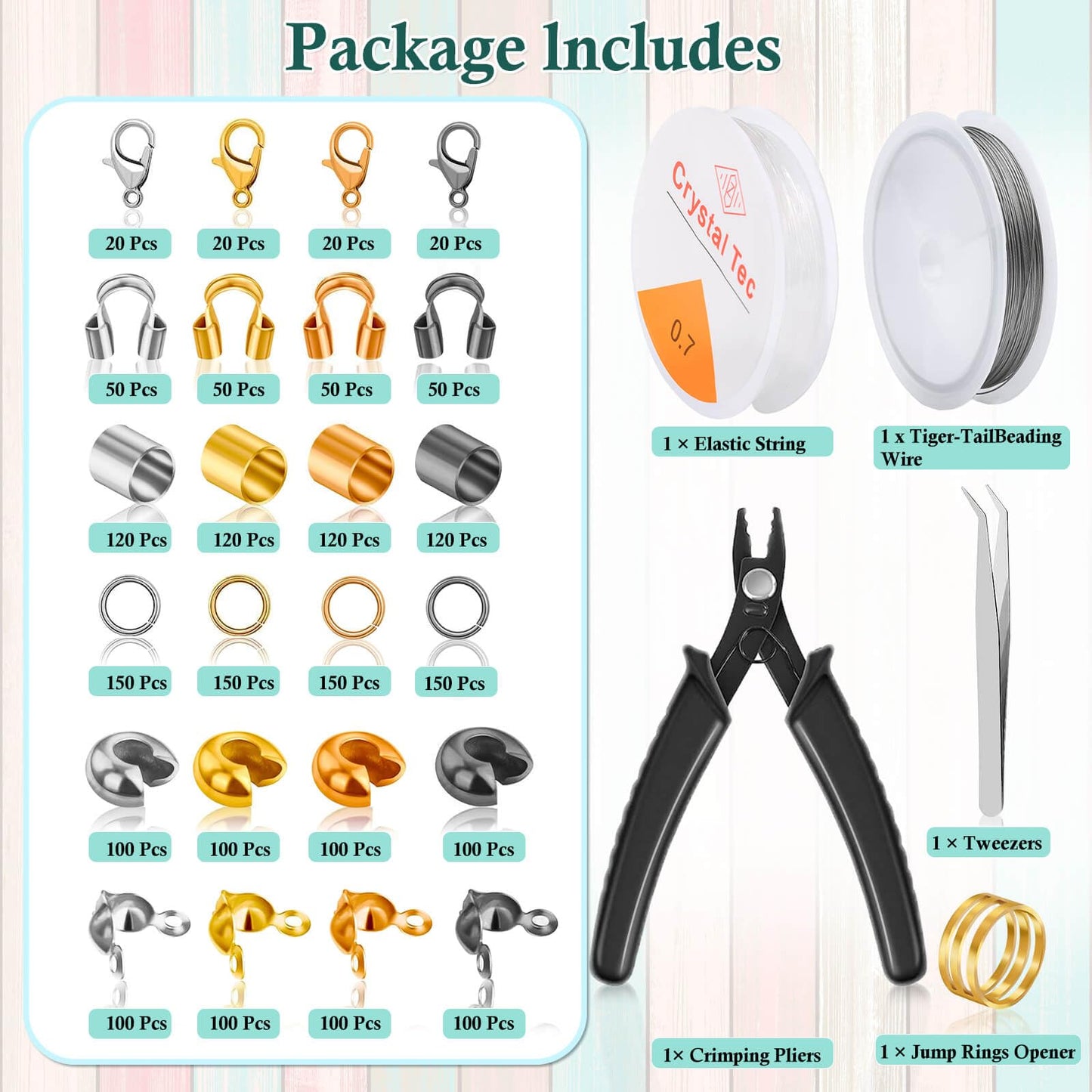 2160 Pieces Crimp Beads Kit for Jewelry Making, Knot Covers, Crimp Bead Covers, Crimp Tubes, Jump Rings and Wire Guardians with Crimping Pliers, Elastic String for Bracelets Necklaces Making