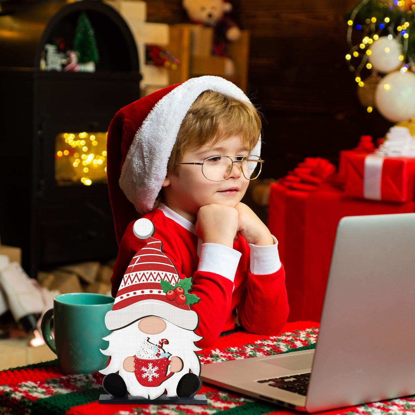 32 Pcs Christmas Interchangeable Wooden Gnome Decor DIY Holiday Christmas Seasonal Tiered Tray Decoration Gnomes with Magnet Pieces Welcome Sign for Xmas Holiday Decorations (Cute)