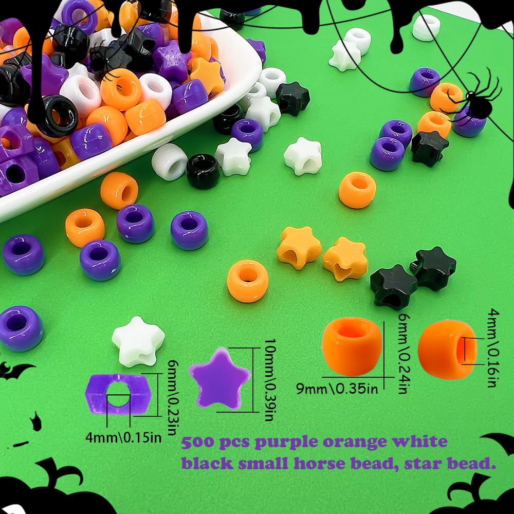 MIIIM 1000PCS 6x9mm Halloween Pony Beads Bulk, 8 Styles Purple Orange White and Black Kandi Beads for Bracelets Making Kit, Hair Braids Crafts for Jewelry Making (Halloween B)