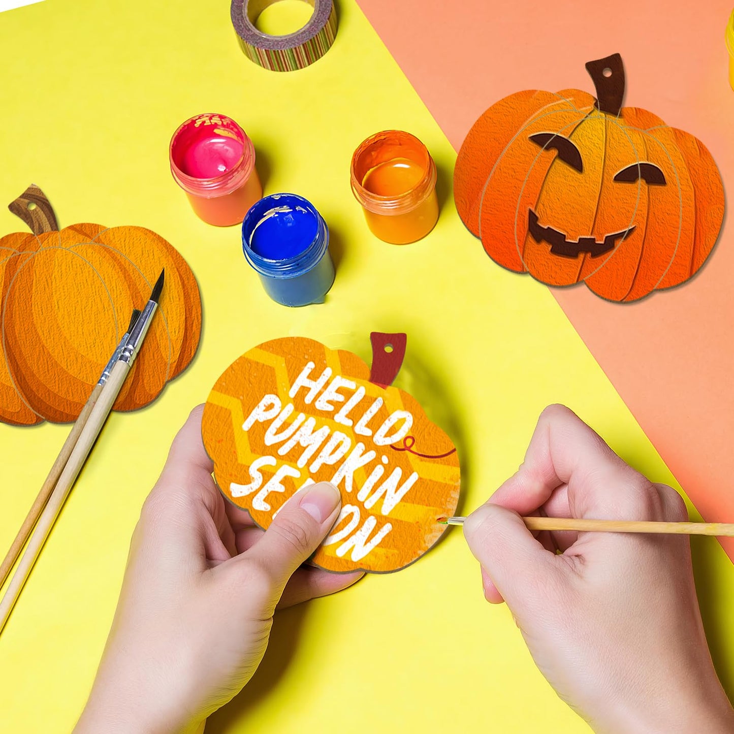 Wooden Pumpkins Ornaments to Paint Halloween Thanksgiving Decoration Cutouts Unfinished 24PCS 3.5 inches, DIY Blank Unfinished Pumpkin Wood Discs Ornament for Home Harvest Crafts Hanging Autumn