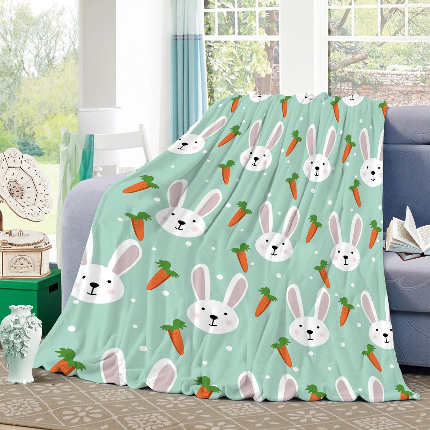 Easter Day Rabbit and Carrot Pattern Throw Blanket Soft Warm Cozy Lightweight Decorative Blanket for Couch, Bed, Sofa, Travel 40x50 inch