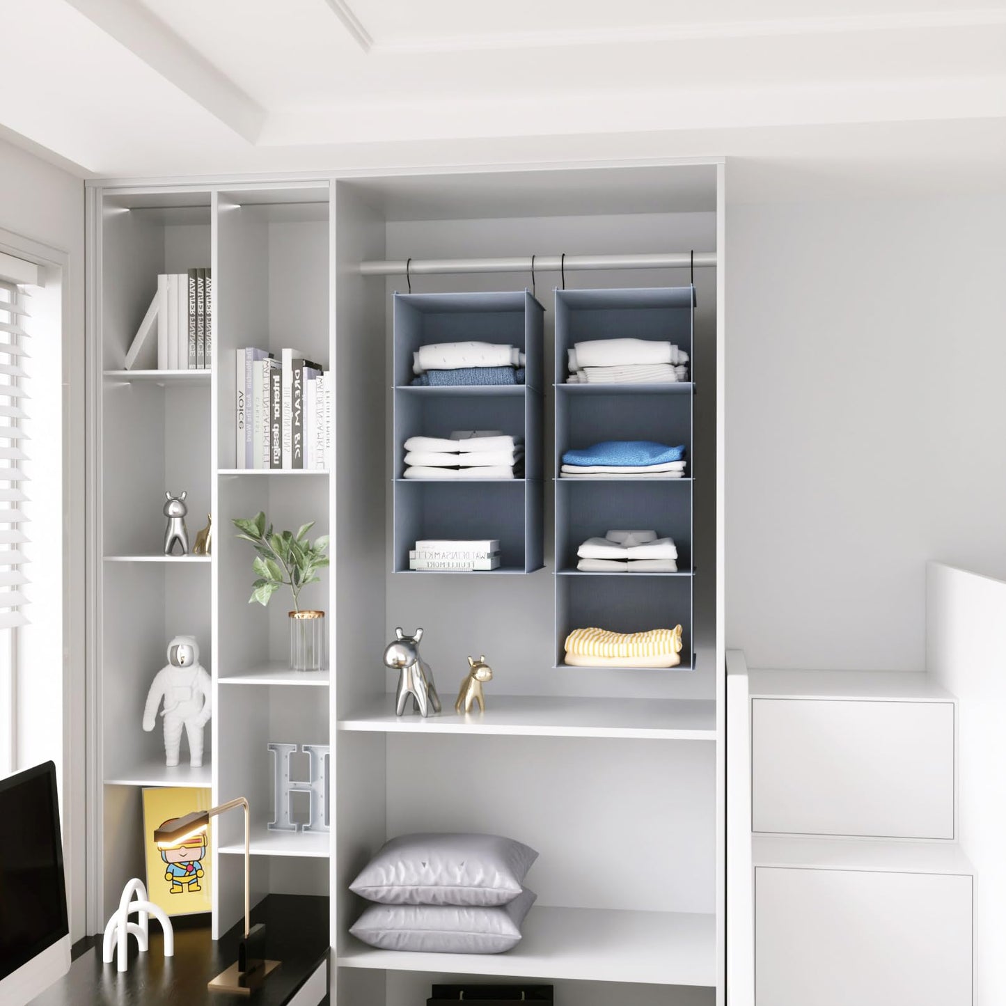 DonYeco Hanging Closet Organizer and Storage 3-Shelf, Easy Mount Foldable Hanging Closet Wardrobe Storage Shelves, Clothes Handbag Shoes Accessories Storage, Washable Oxford Cloth Fabric, Gray