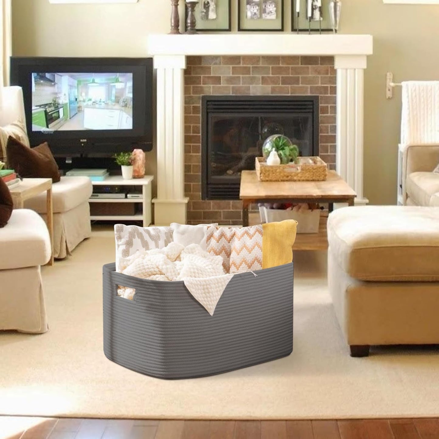 OIAHOMY XXLarge Rectangle Blanket Basket-96L, Cotton Woven Basket for Storage, Dirty Clothes Basket for Living Room, Nursery, Bedroom, Toy Organizing with Handle, 24" x 16" x 15", Dark Grey