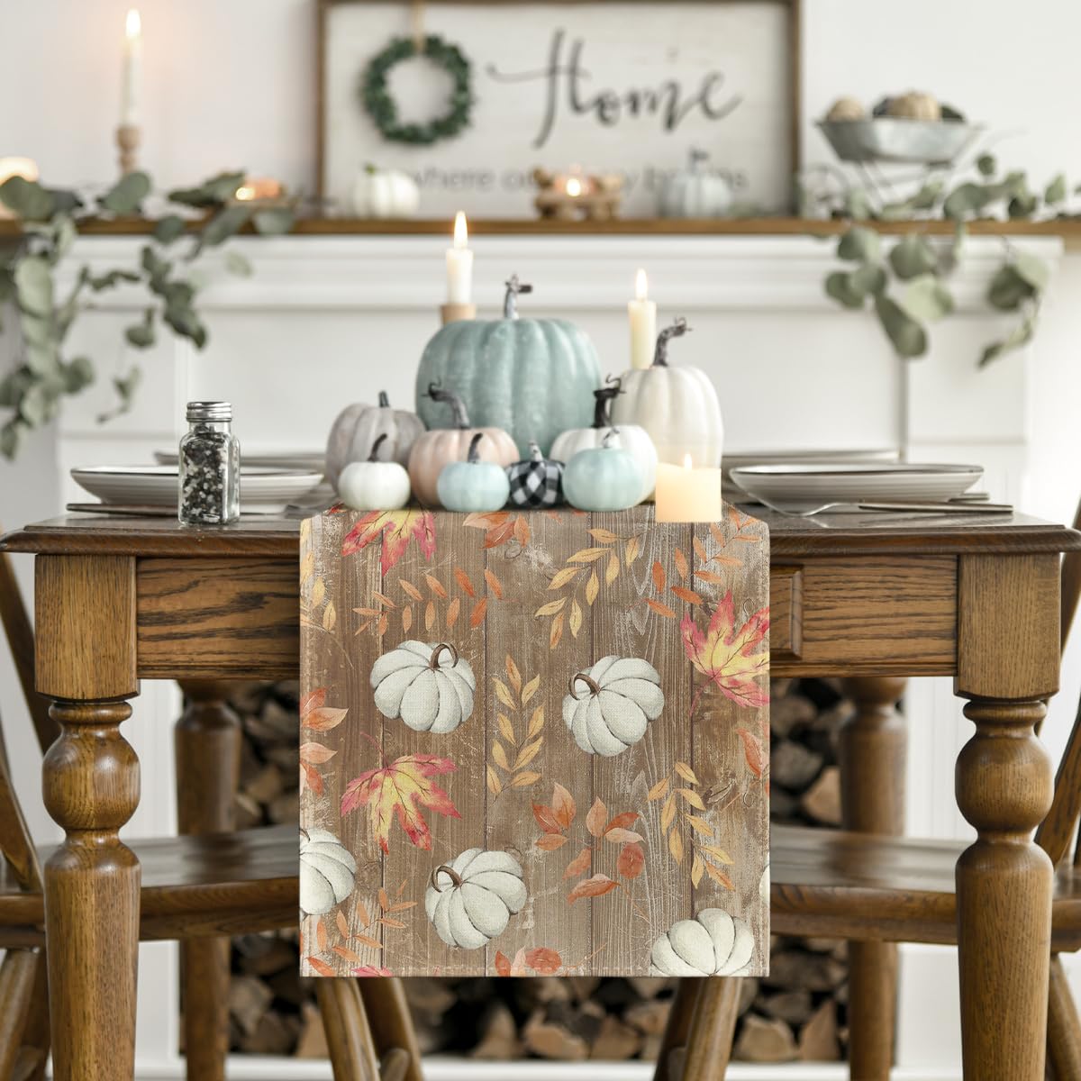 Pumpkins Maple Leaves Brown Wood Fall Table Runner, Seasonal Autumn Kitchen Dining Table Decoration for Home Party Decor 13x72 Inch