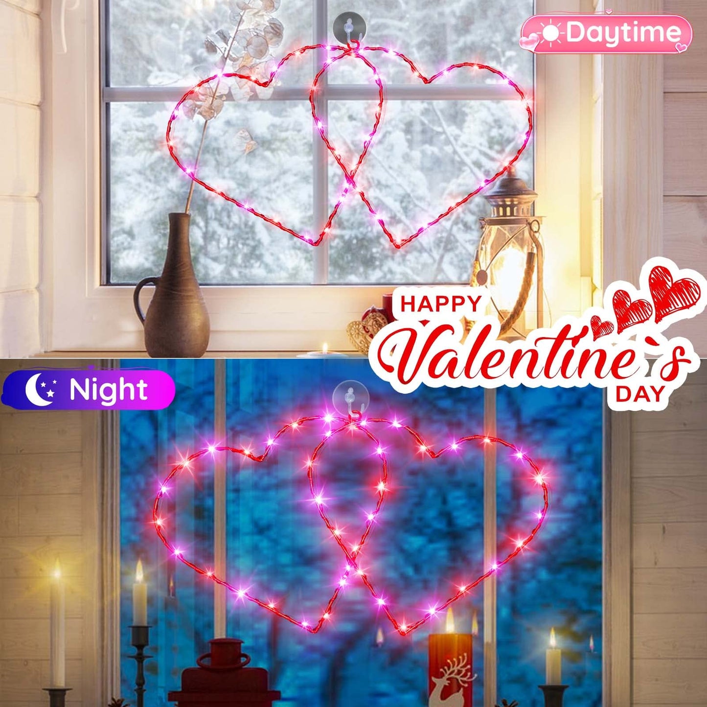 Valentines Decor Double Heart Window Lights, 17" Red Pink Valentines Decorations Backdrop Silhouette Heart Lights with Remote, Valentines Wall Window Decoration for Home Bedroom