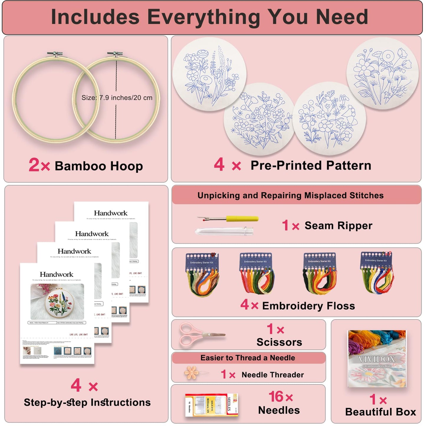 4 Sets Embroidery Kit for Beginners with Stitch Video, Flower Cross Stitch Kits for Adults, Starter, Hand Craft Lover Practice with Floral Stamped Pattern, 2 Hoops, Needles, Scissors, Tools