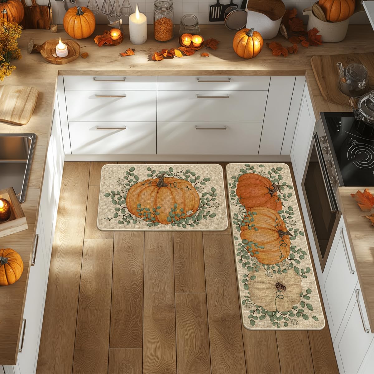 Artoid Mode Orange Pumpkin Eucalyptus Fall Kitchen Mats Set of 2, Autumn Home Decor Low-Profile Kitchen Rugs for Floor - 17x29 and 17x47 Inch
