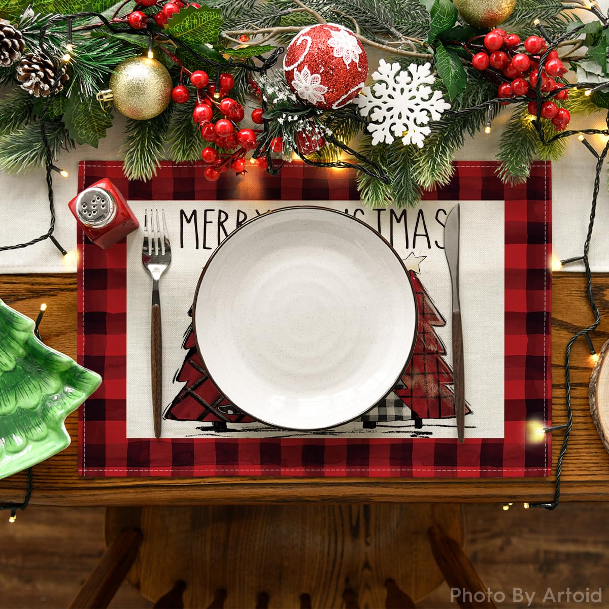 Red and Black Buffalo Plaid Christmas Trees Placemats Set of 4, 12x18 Inch Winter Table Mats for Outdoor Home Party Kitchen Dining Decor