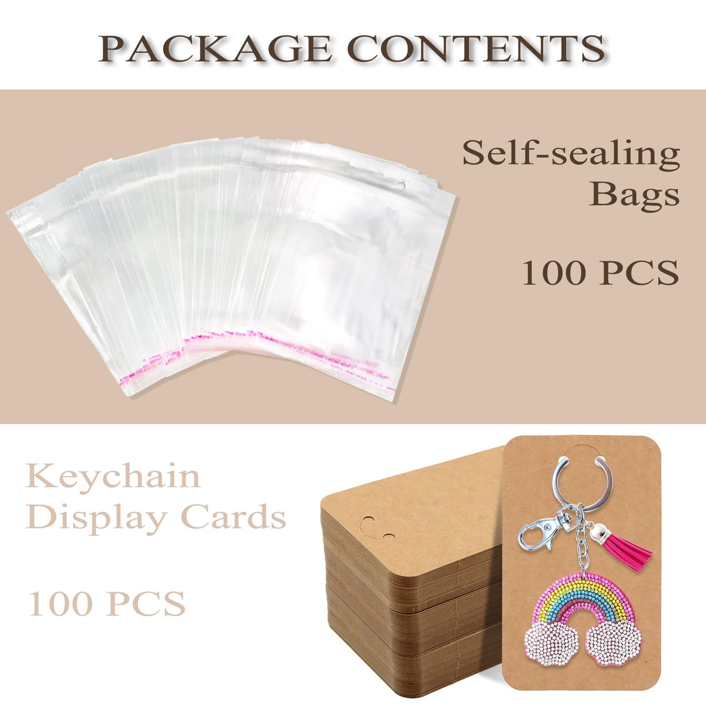 ZYNERY 100 PCS Keychain Display Cards, 3 x 4.7 Inch Keychain Holder with Self-Sealing Bags, Card Display Rack for Displaying Keyring Jewelry Bulk Keychains Packaging Supplies (Brown)