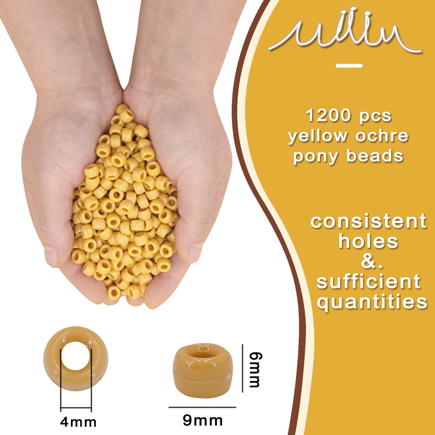 MIIIM 1200PCS 6x9mm Dark Yellow Pony Beads Bulk, Kandi Beads for Bracelets Making Kit, Hair Braids Crafts for Jewelry Making (Yellow Ochre)