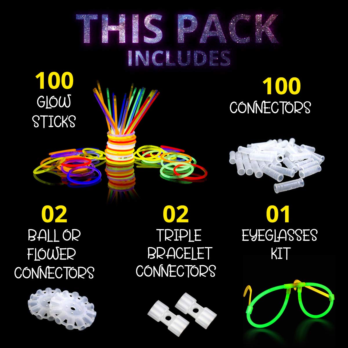 Premium Bright Glow Sticks Bulk Party Pack for Halloween -Glow in The Dark Party Supplies- 205 Pcs-Eye Glasses-Bracelets- Necklaces- Neon Accessories-Glow Party Pack -Kids Party Favors