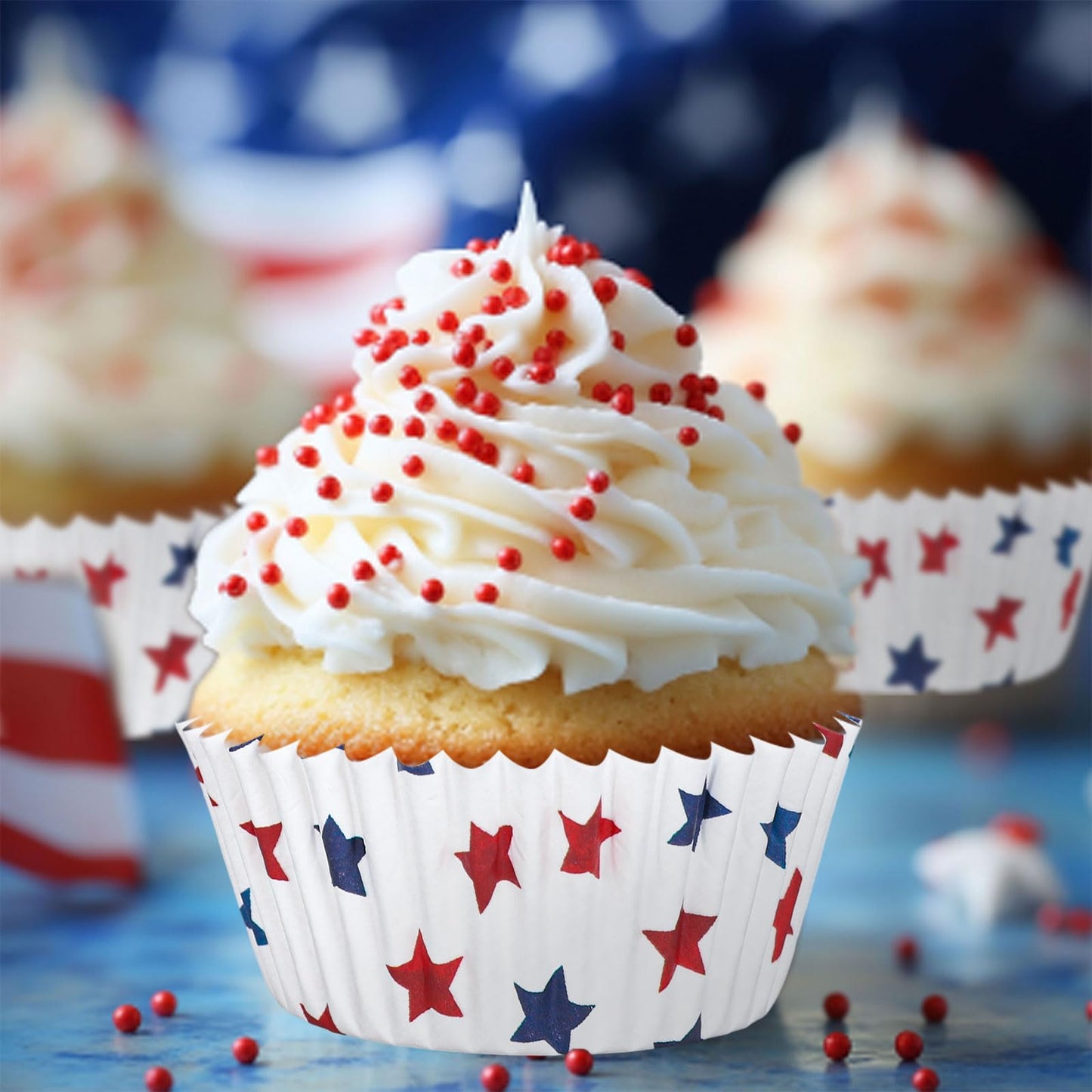 JarThenaAMCS 300Pcs Patriotic July 4th Cupcake Liners Red Blue Stars Paper Baking Cups Independence Day Standard Muffin Cupcake Wrappers for 250th Anniversary Memorial Day Party Supplies Table Decor