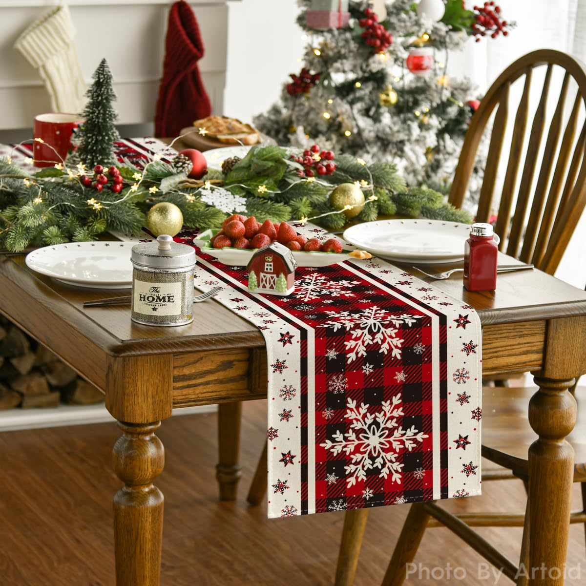 Buffalo Plaid Snowflakes Christmas Table Runner, Seasonal Winter Kitchen Dining Table Decoration for Home Party Decor 13x72 Inch