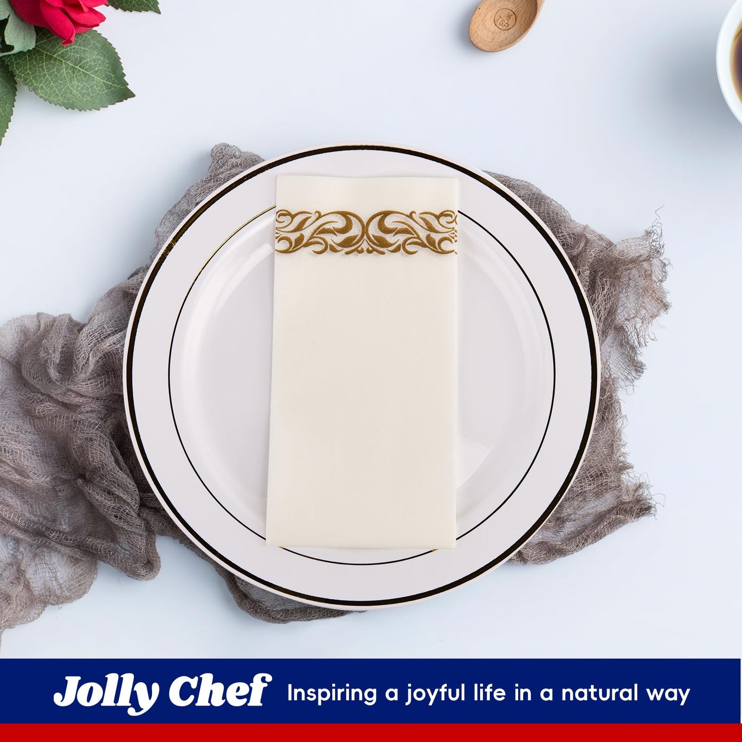 JOLLY CHEF 100 Disposable Hand Towels, Soft and Absorbent Linen Feel Dinner Napkin, Elegant Decorative Paper Guest Towels for Kitchen, Bathroom,Weddings,Parties, Gold and White