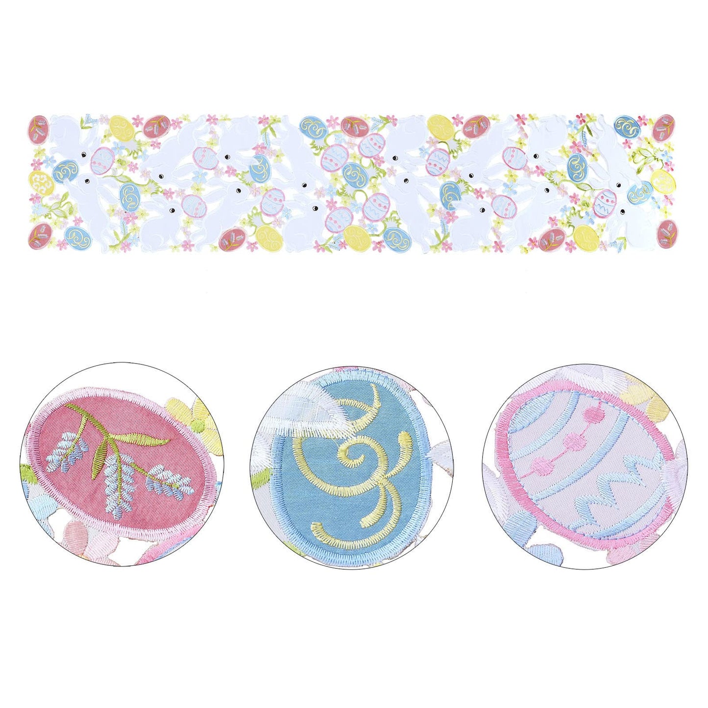 Embroidered Bunny and Colorful Eggs Table Runners for Easter Holiday or Spring Season (14 x 68 inches)