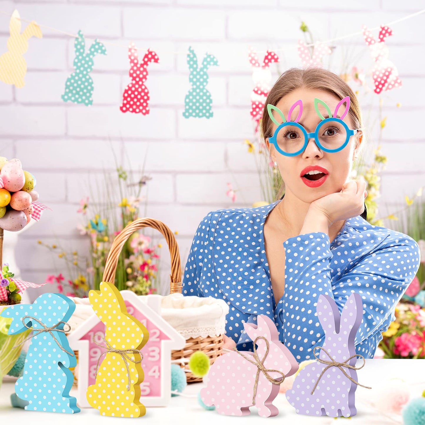 4 Pcs Easter Bunny Table Wooden Signs Bunny Shaped Farmhouse Decor Spring Rabbit Wood Tabletop Decorations Easter Rabbit Dining Room Table Decor Sign with Rope(Macaron Dots)