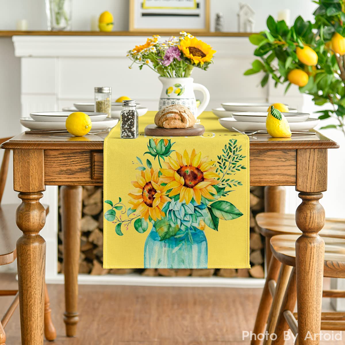 Artoid Mode Yellow Hello Sunshine Sunflower Summer Table Runner, Spring Seasonal Anniversary Holiday Kitchen Dining Table Decoration for Indoor Outdoor Home Party Decor 13 x 72 Inch