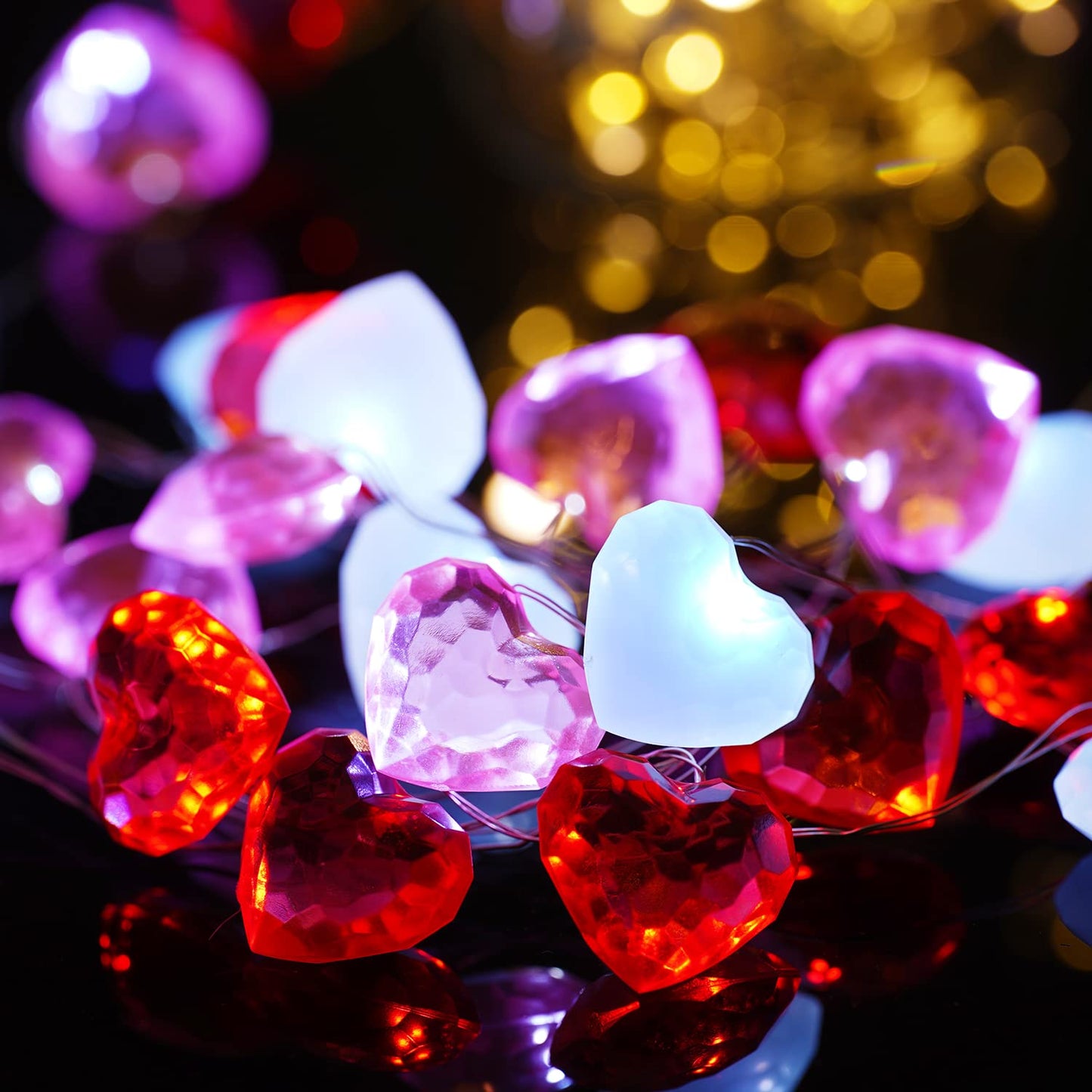 Valentine Day Decor 10 ft 30 LEDs 3D Heart Lights, Red White Pink Fairy String Lights with Remote Battery Operated, Valentines Decorations for The Home Bedroom Garland Wedding Indoor Timer