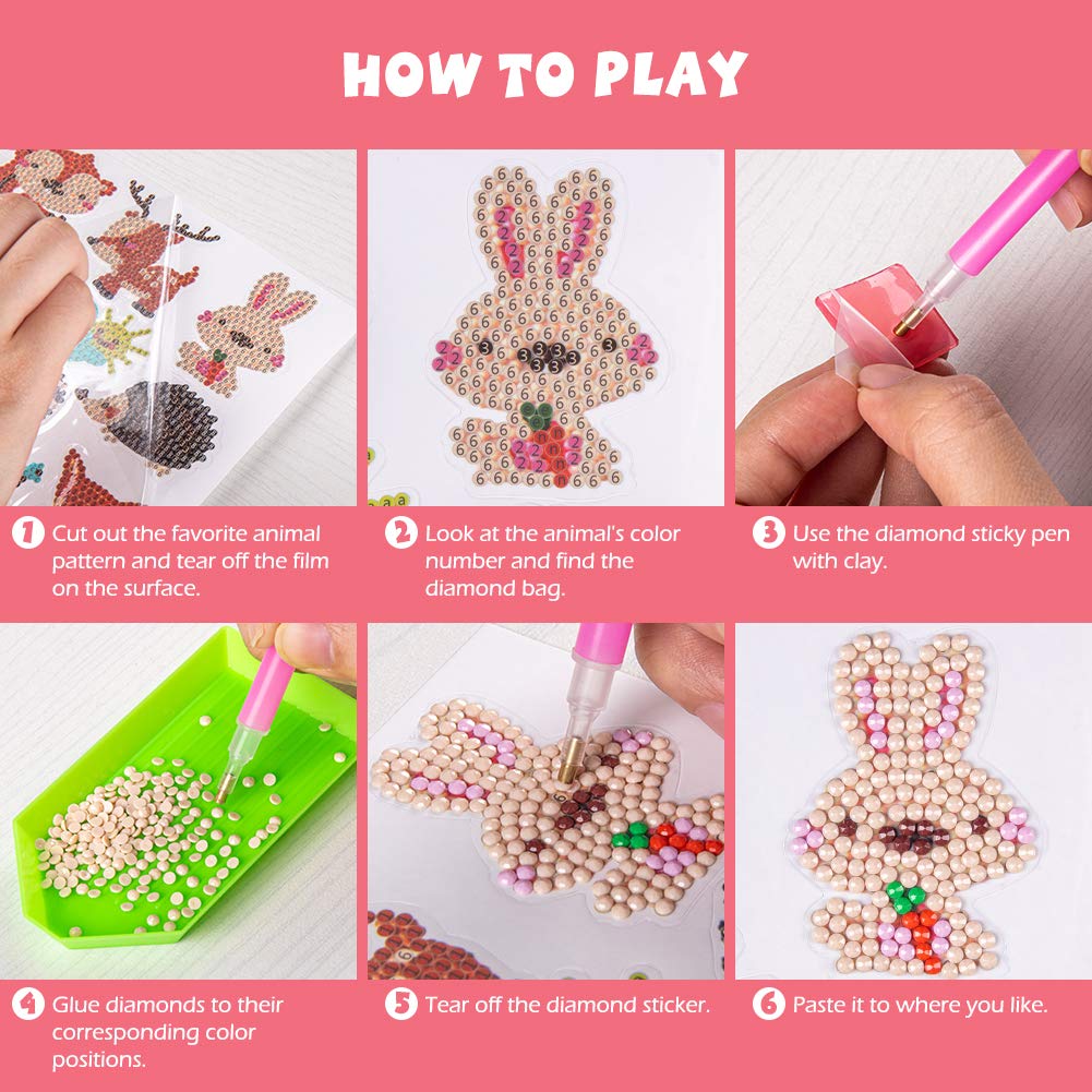 Labeol 42Pcs 5D Diamond Art Stickers Kits for Kids Boys and Girls Ages 6-8 10-12 Easy to DIY Creative Mosaic Sticker Craft by Numbers Kits for Kids and Adult Beginners (Animal)