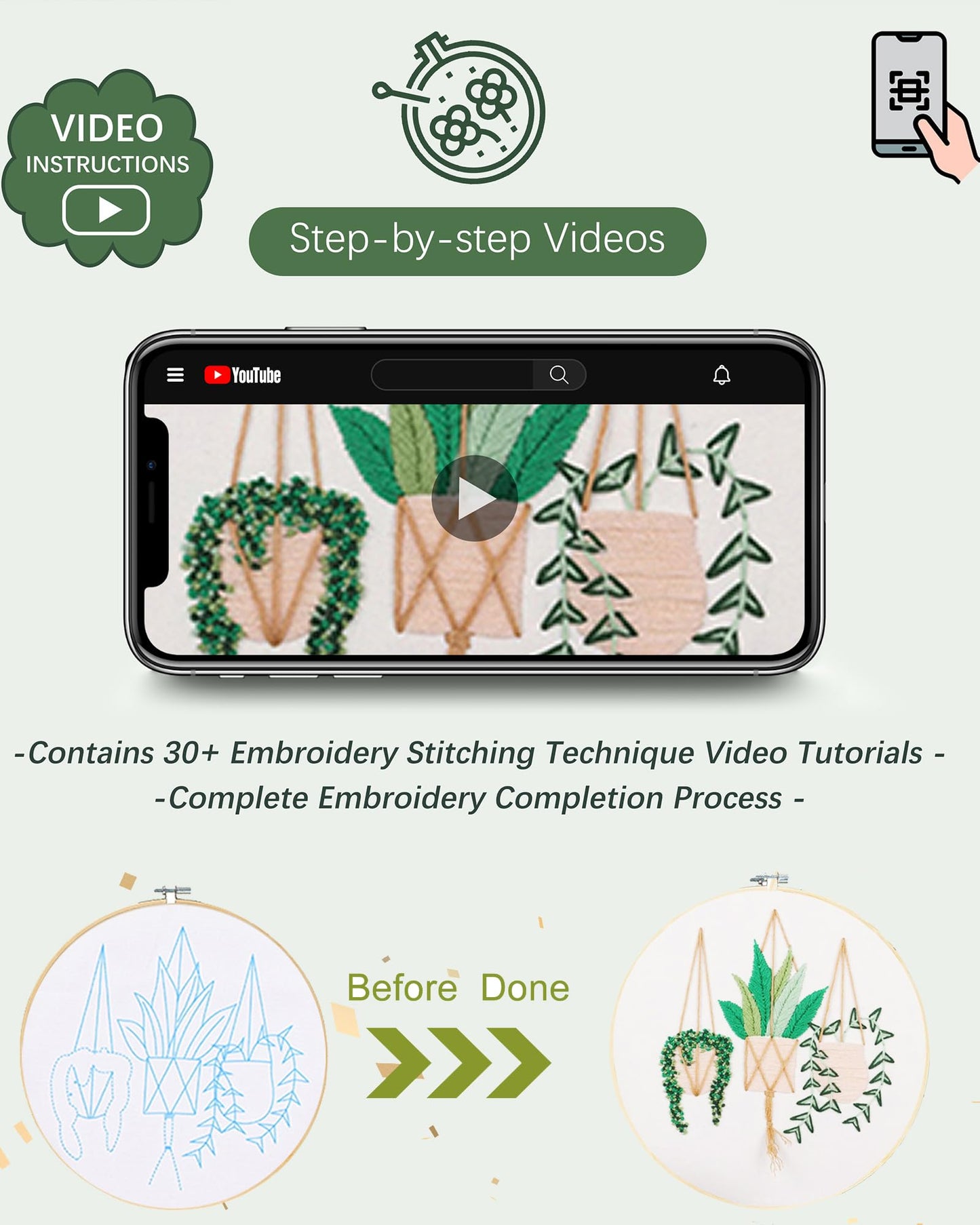 3 Sets Embroidery Kit for Beginners Needlepoint Cross Stitch Kits for Adults,Stitch Learning DIY Sets with Instruction Video,Stamped Floral Patterns,Hoop,Threads,Sewing Hobby