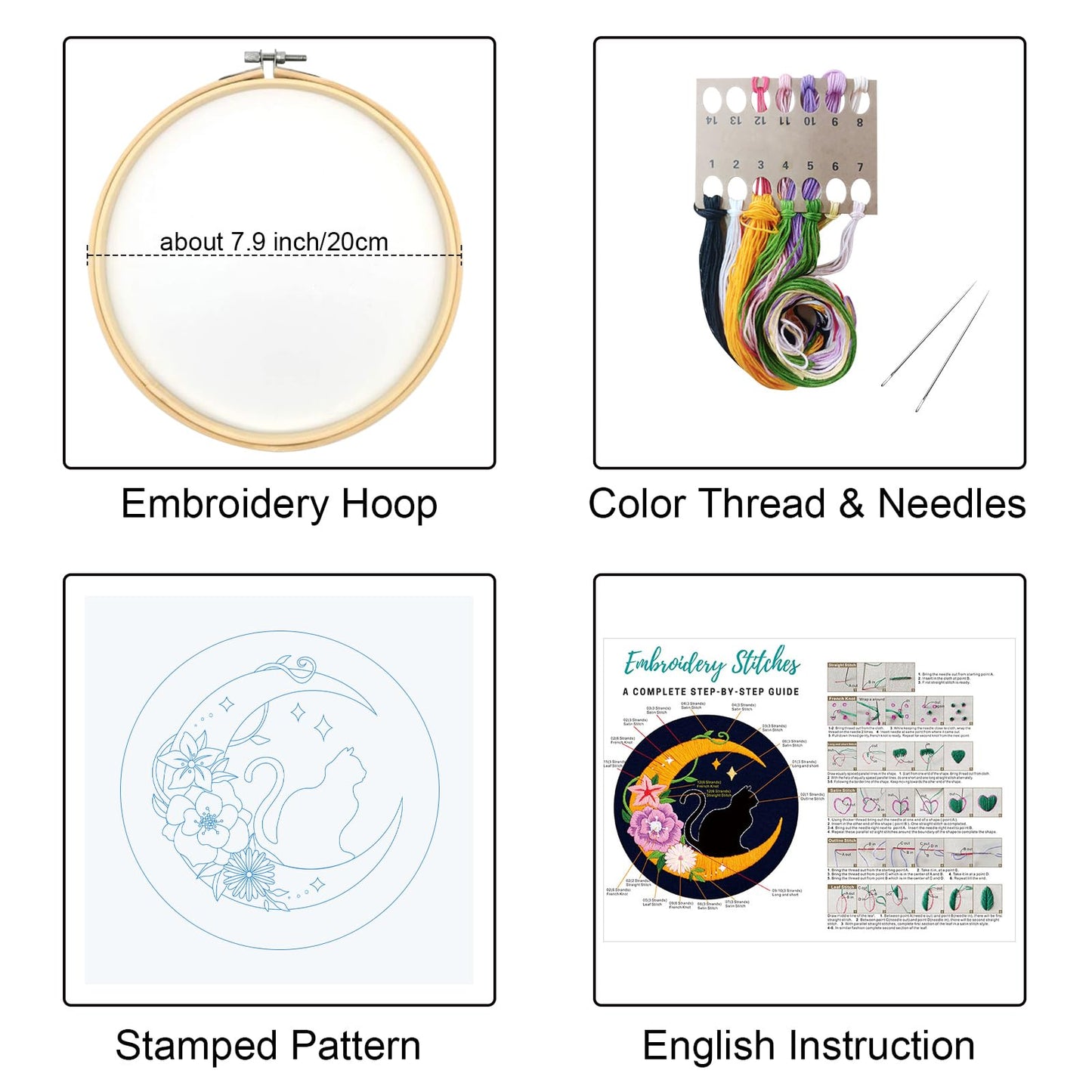 Louise Maelys Cat Moon Embroidery Kits for Beginners with Floral Pattern,Adults Starter Cross Stitch Kit DIY Needlepoint