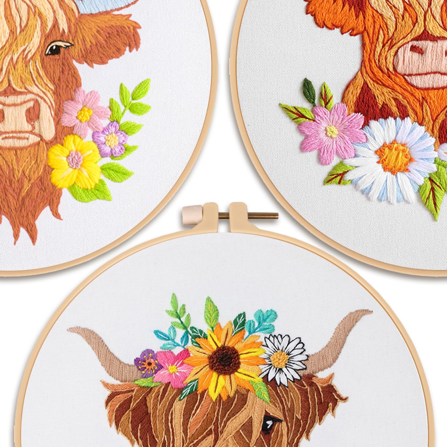 3 Sets Embroidery Kits for Beginners,Cross Stitch Kit for Adults,Starters DIY Needlepoint Including Hoop -Highland Cow and Florals Pattern
