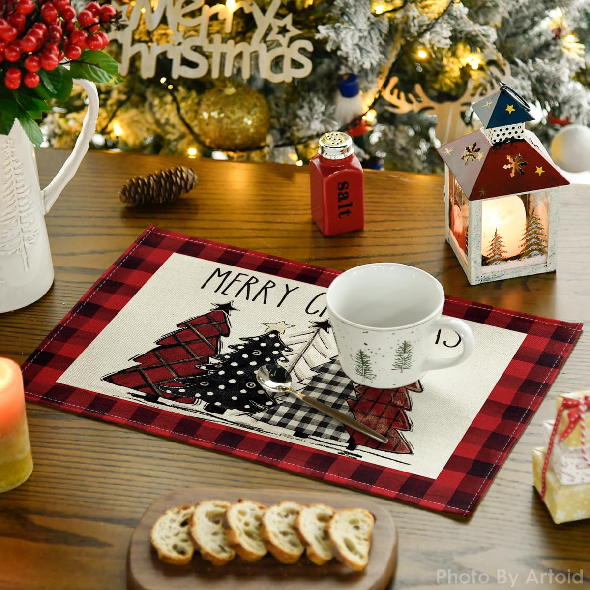 Artoid Mode Red and Black Buffalo Plaid Christmas Trees Placemats Set of 6, 12x18 Inch Winter Table Mats for Outdoor Home Party Kitchen Dining Decor