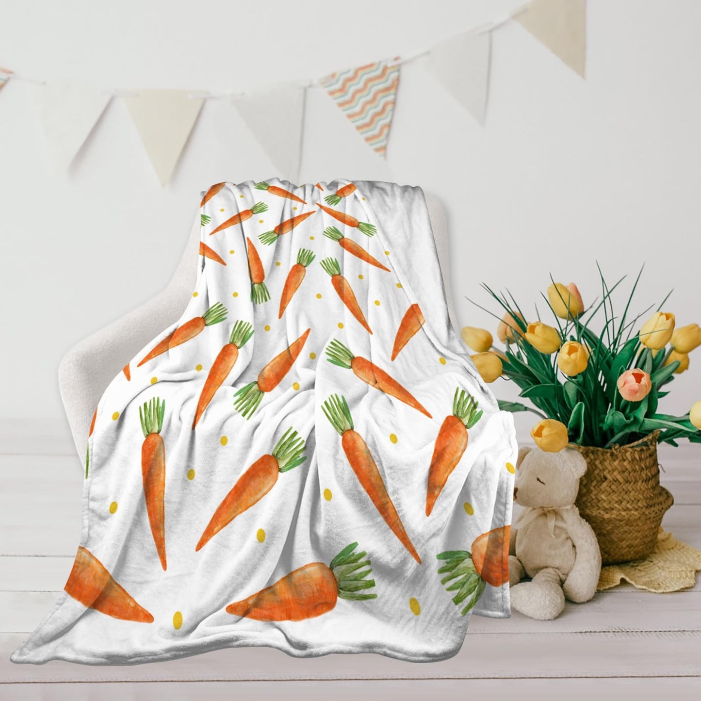 Easter Cartoon Carrots Throw Blanket, Polka Dots Super Soft Cozy Blanket, Warm Lightweight Anti Pilling Flannel Blanket for Sofa Couch Chair Bed 30" x 40"