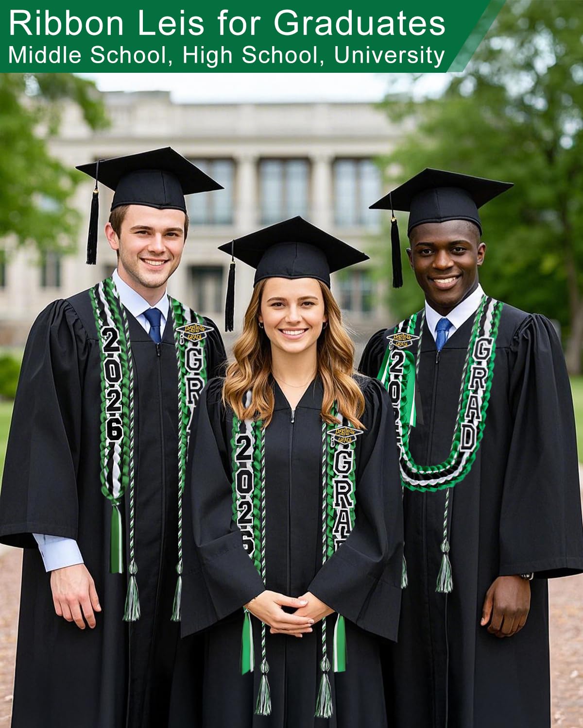 Yigney Graduation Lei Set Class of 2026 Grad Ribbon Leis with Honor Cord Double Braided Graduate Leis for Men Women Green Black White