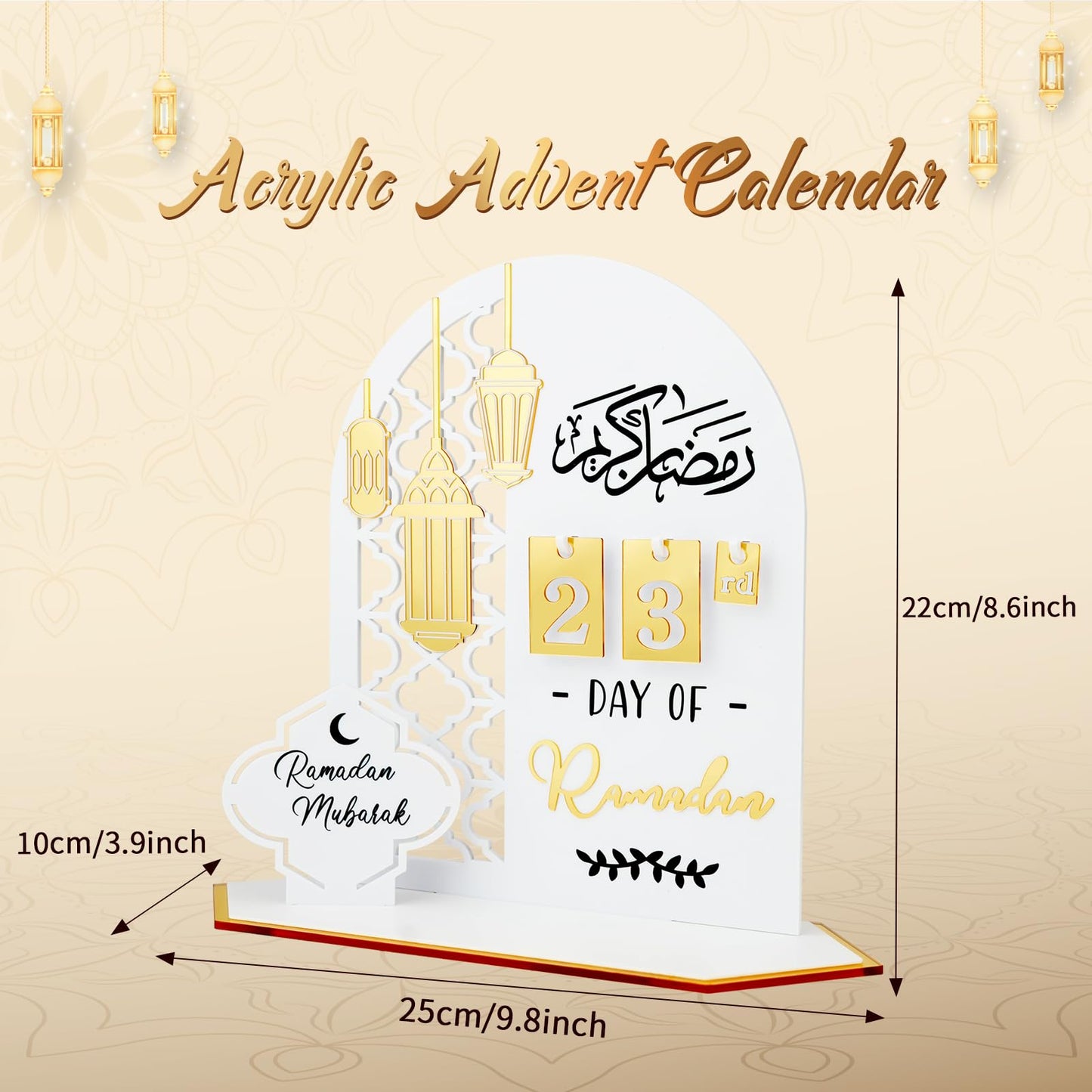 Ramadan Advent Countdown Calendar Acrylic: Ramadan Decorations for Home Eid Mubarak Table Decor, 30 Days Countdown Calendar 2025 Ramadan Gifts for Family (White &Gold)