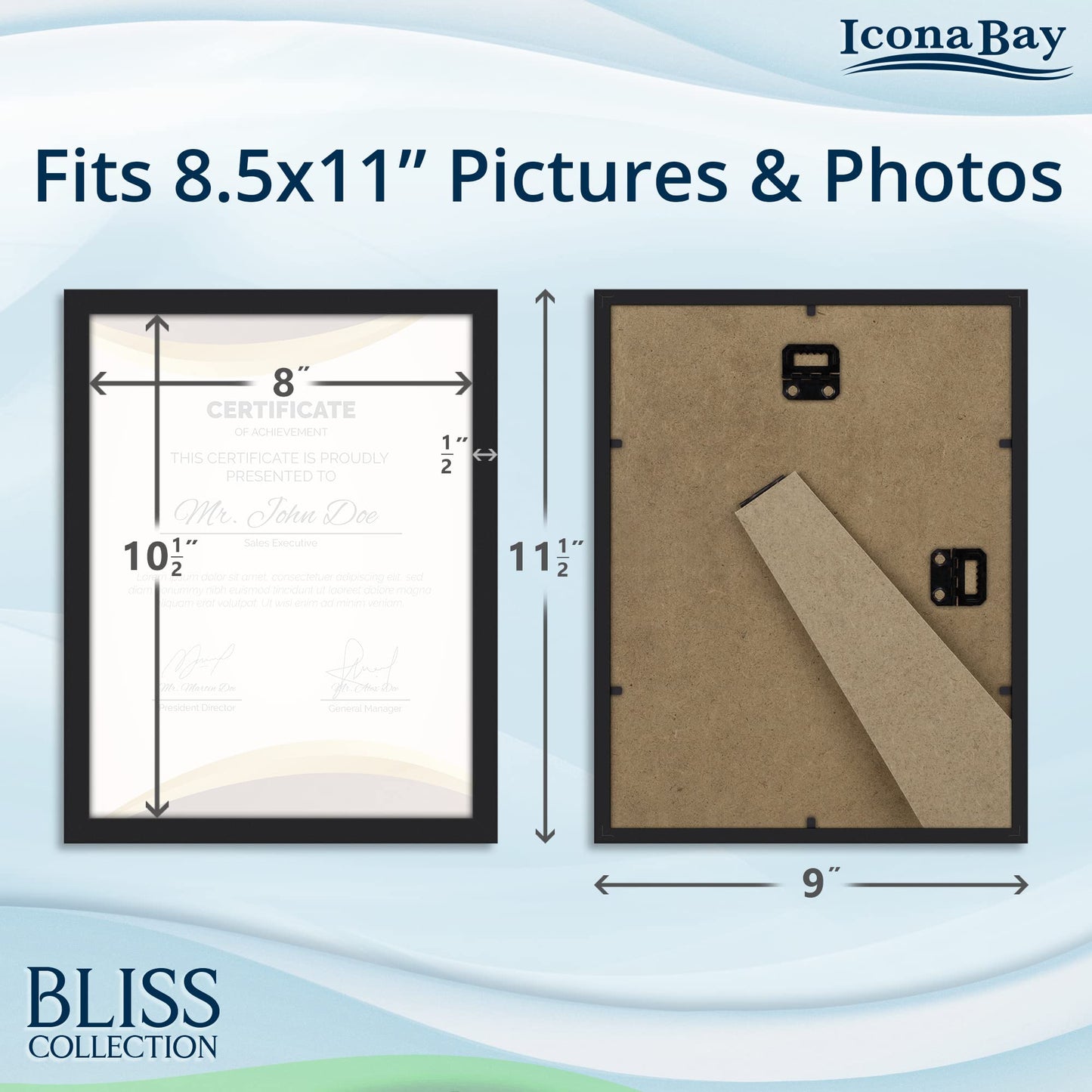 8.5x11 Black Certificate Frame, Modern Style Wood Composite Document Frame, Table Top or Wall Mount, Bliss Collection