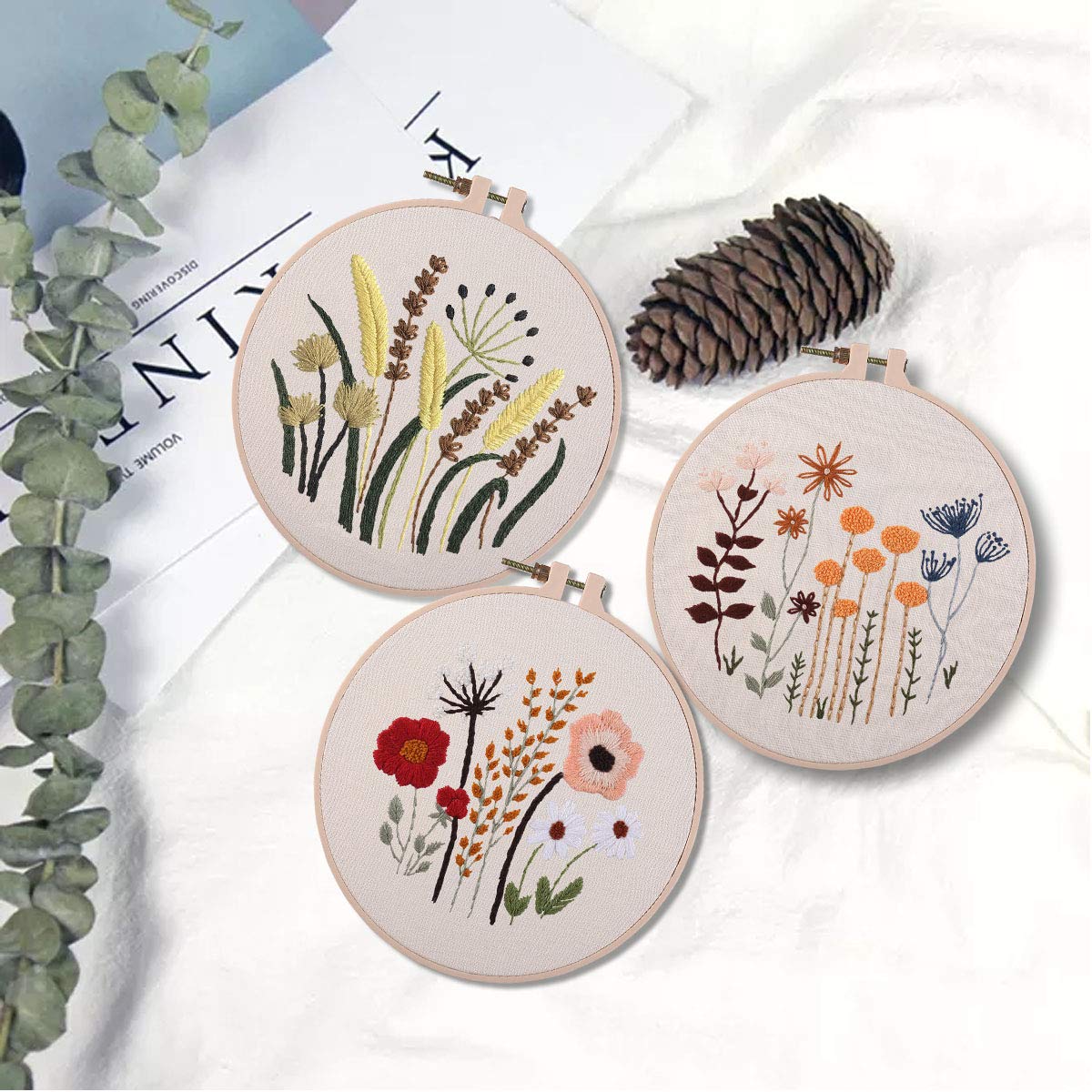 3 Sets of Beginner Embroidery Kits with 3 Patterns and 6 Needles, Needlepoint Kits for Adults,Including Embroidery Floss,3 Plastic Hoops and 3 Cotton Fabric