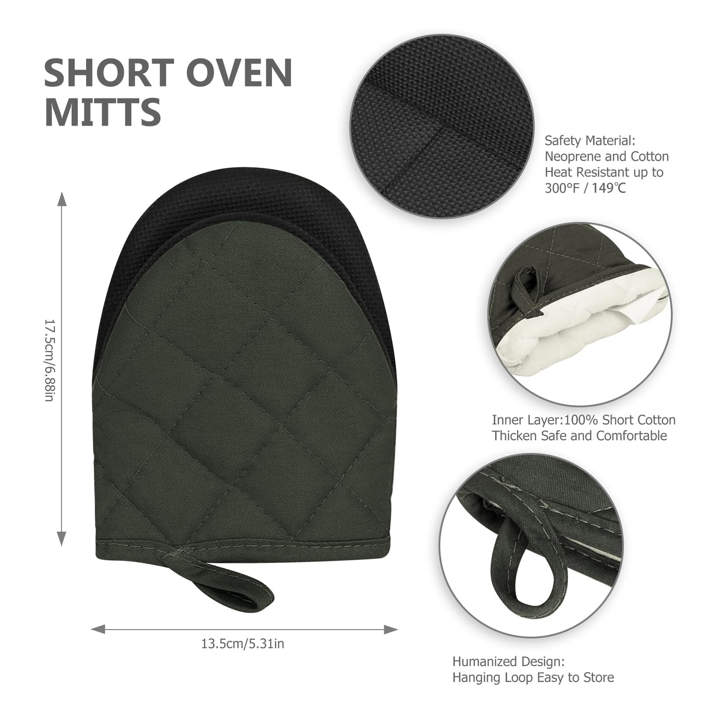 1 Pair Short Oven Mitts, Heat Resistant Silicone Kitchen Mini Oven Mitts for 500 Degrees, Non-Slip Grip Surfaces and Hanging Loop Gloves, Baking Grilling Barbecue Microwave Machine Washable (Gray)
