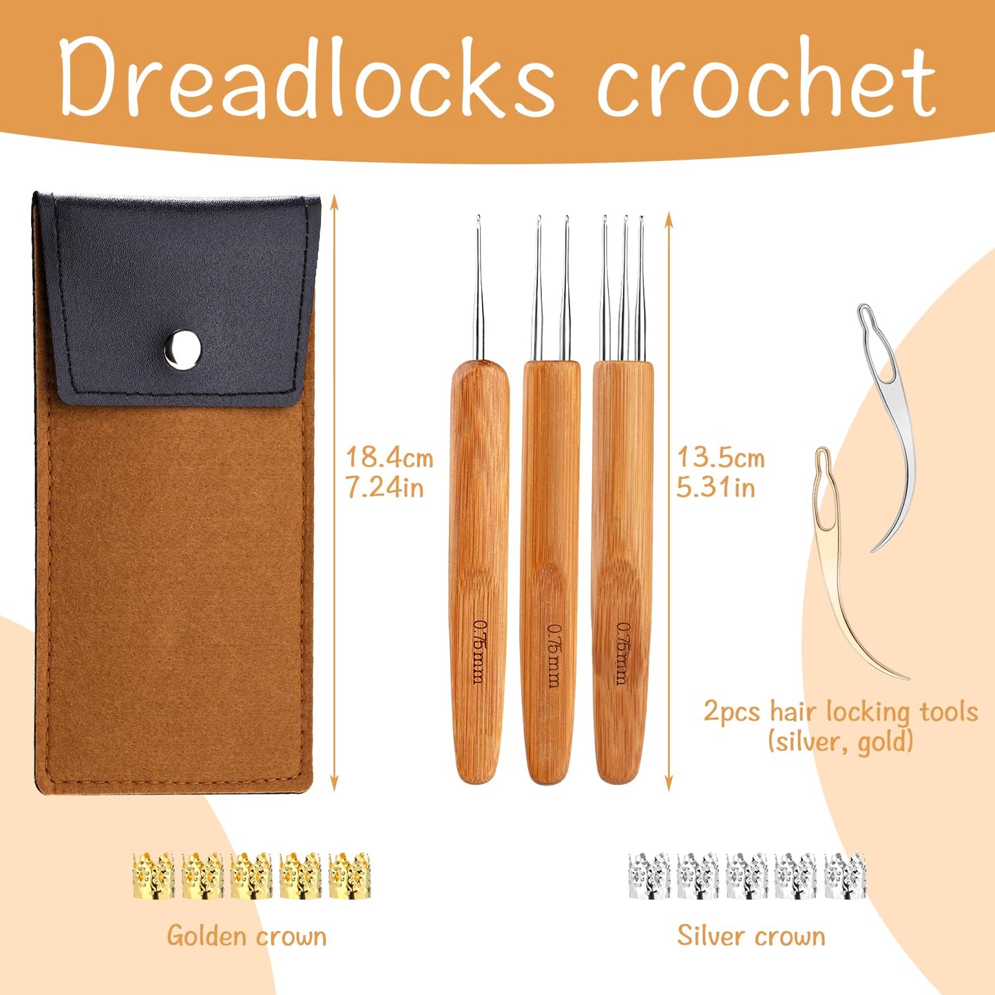 3 Pcs Dreadlocks Crochet Hooks, Dreadlocks Crochet Needle, Bamboo Handle Crochet Hook for Hair Dreadlock Braid Craft, Dreadlock Crochet Hook Tool 0.75mm (1, 2, 3 Hooks)