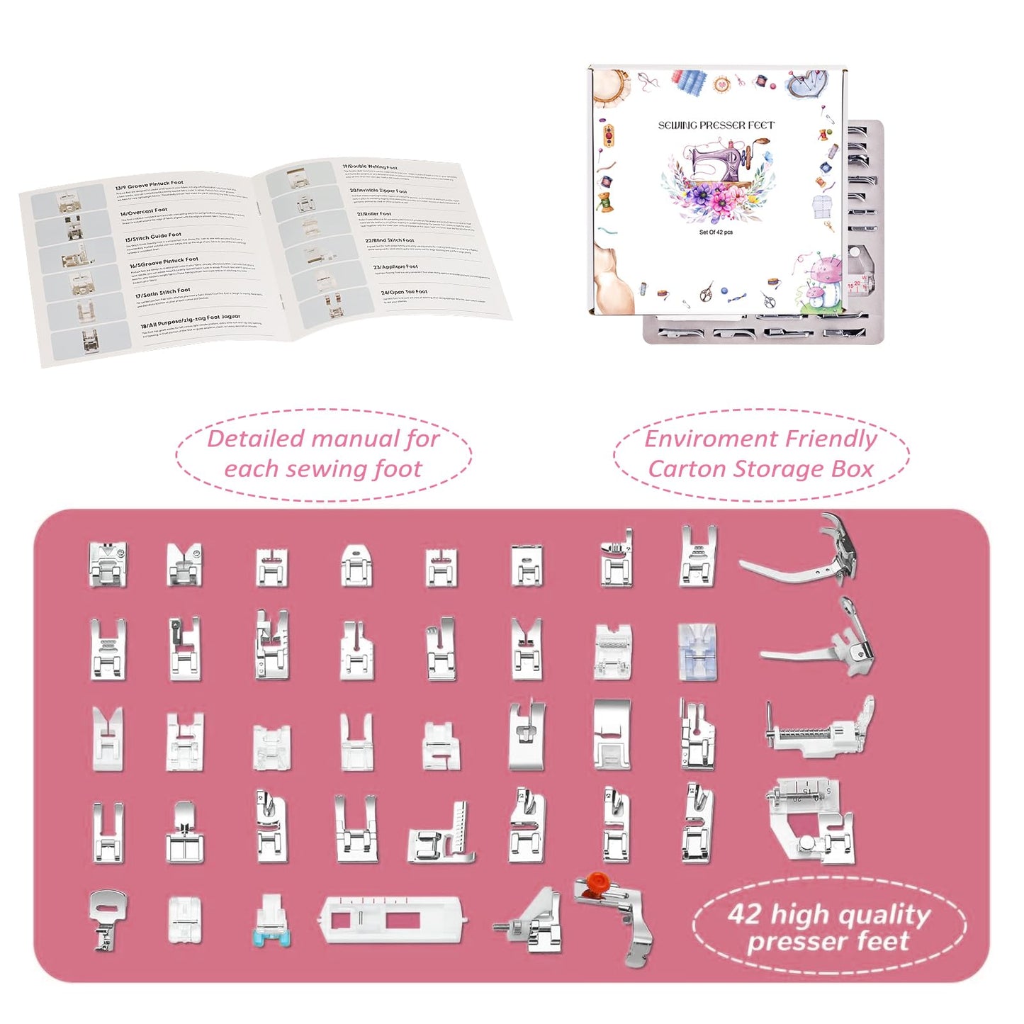 Presser Foot Set 42Pcs, Sewing Machine Presser Feet Kit Accessories with Manual for Brother, Babylock, Singer, Elna, Toyota, New Home, Simplicity, Necchi, Kenmore Low Shank Machines