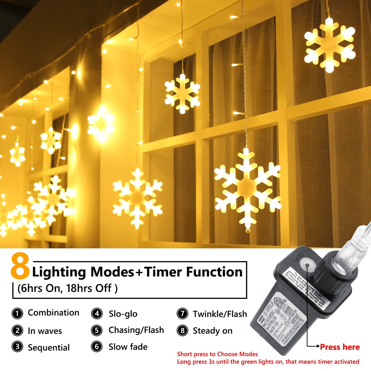 Toodour Christmas Snowflake Lights Outdoor, 17.22ft 264 LED Snowflake Icicle Lights with 22 Drops, Connectable, 8 Modes Waterproof Warm White Christmas Light for Curtain, Eaves, Window, Xmas Decor