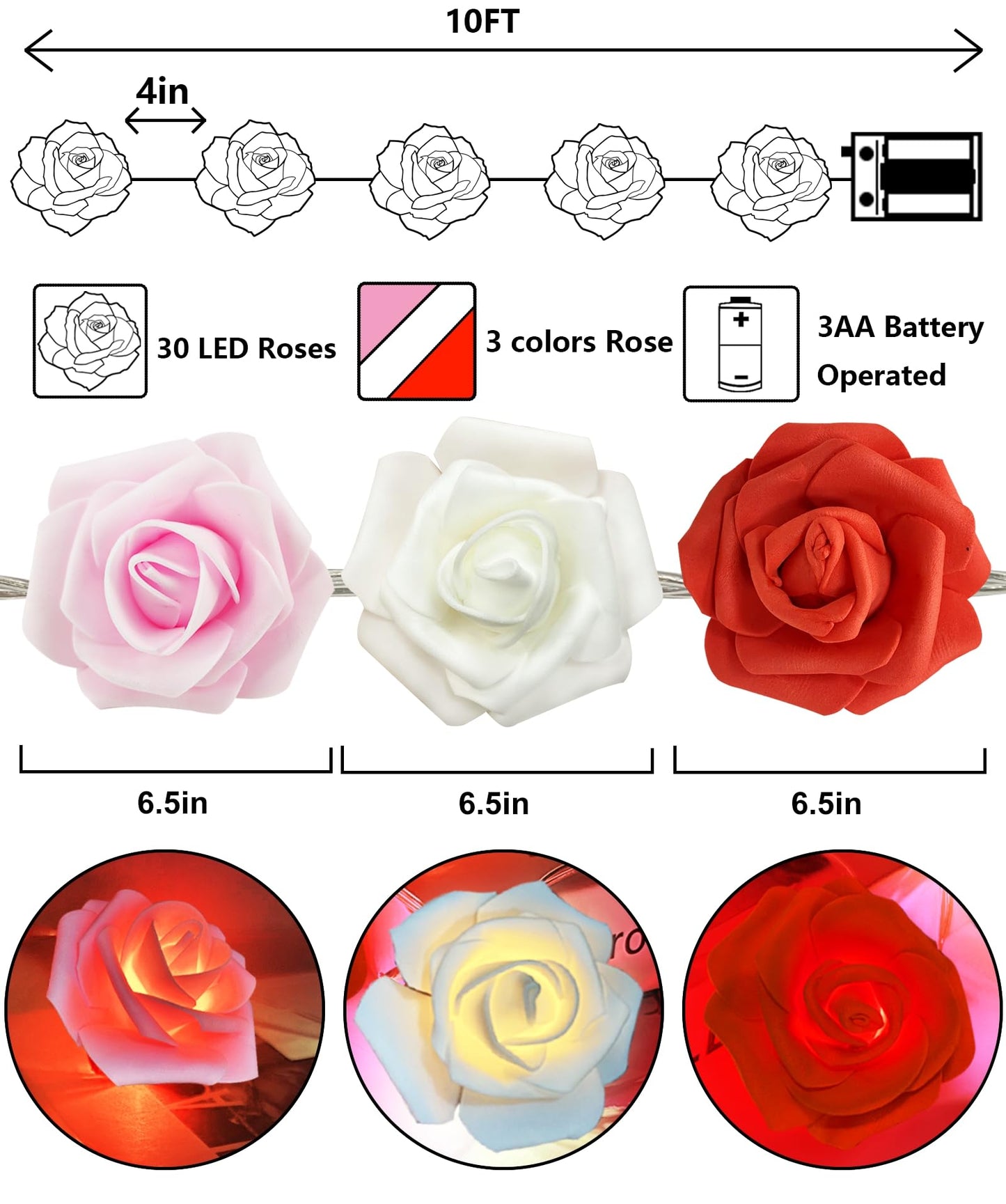 10FT 30LED Rose Light Valentines Day Decorations Flower String Light Red Pink White Valentines Lights Battery Operated Valentine Garland with Lights Indoor Outdoor Home Party Wedding Decor