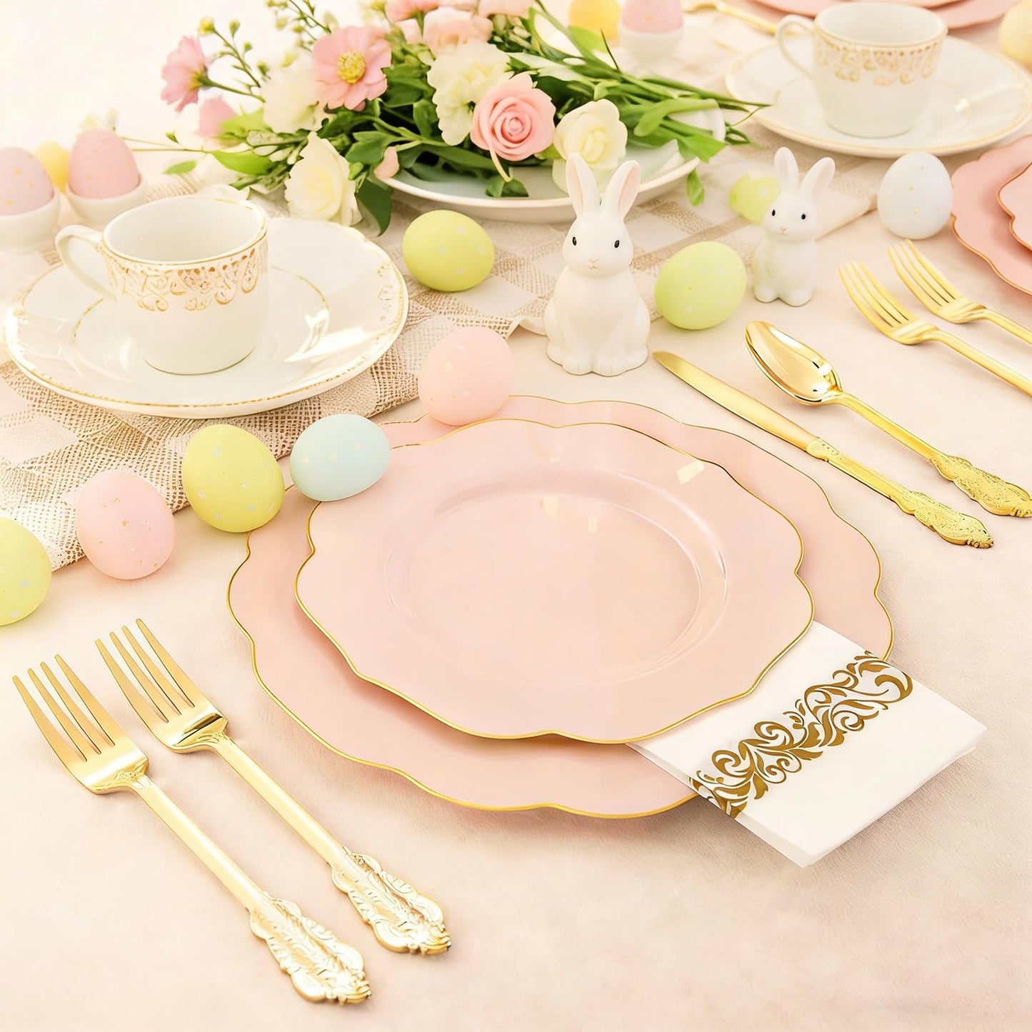 NOCCUR 175PCS Pink Plates with Gold Disposable Silverware - Include 50 Pink Plastic Plates,25 Knives,25 Forks,25 Spoons,25 Cups and 25 Napkins - Ideal for Party/Wedding/Easter Day