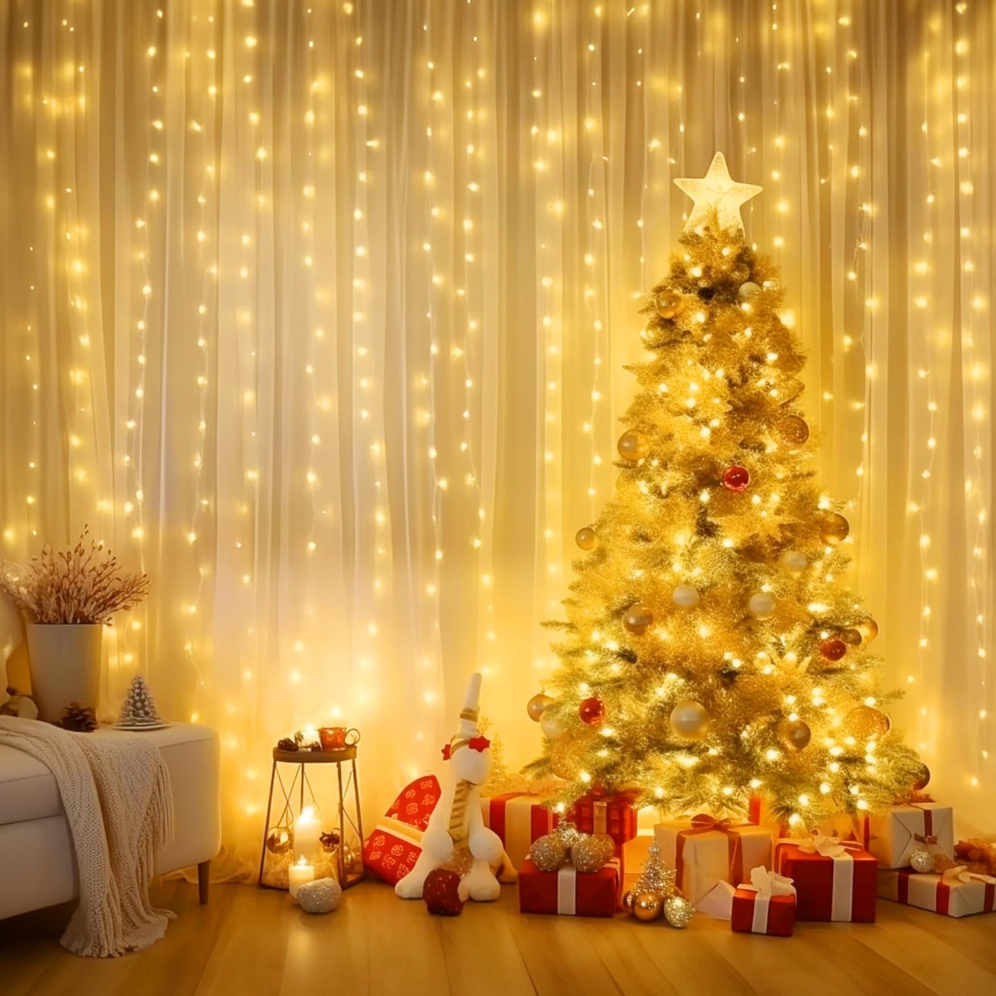 Curtain Lights, 300 LED Dimmable Fairy Lights with Remote and Timer, 8 Modes, USB Powered String Lights for Room Wall Party Xmas Indoor Decor, Warm White