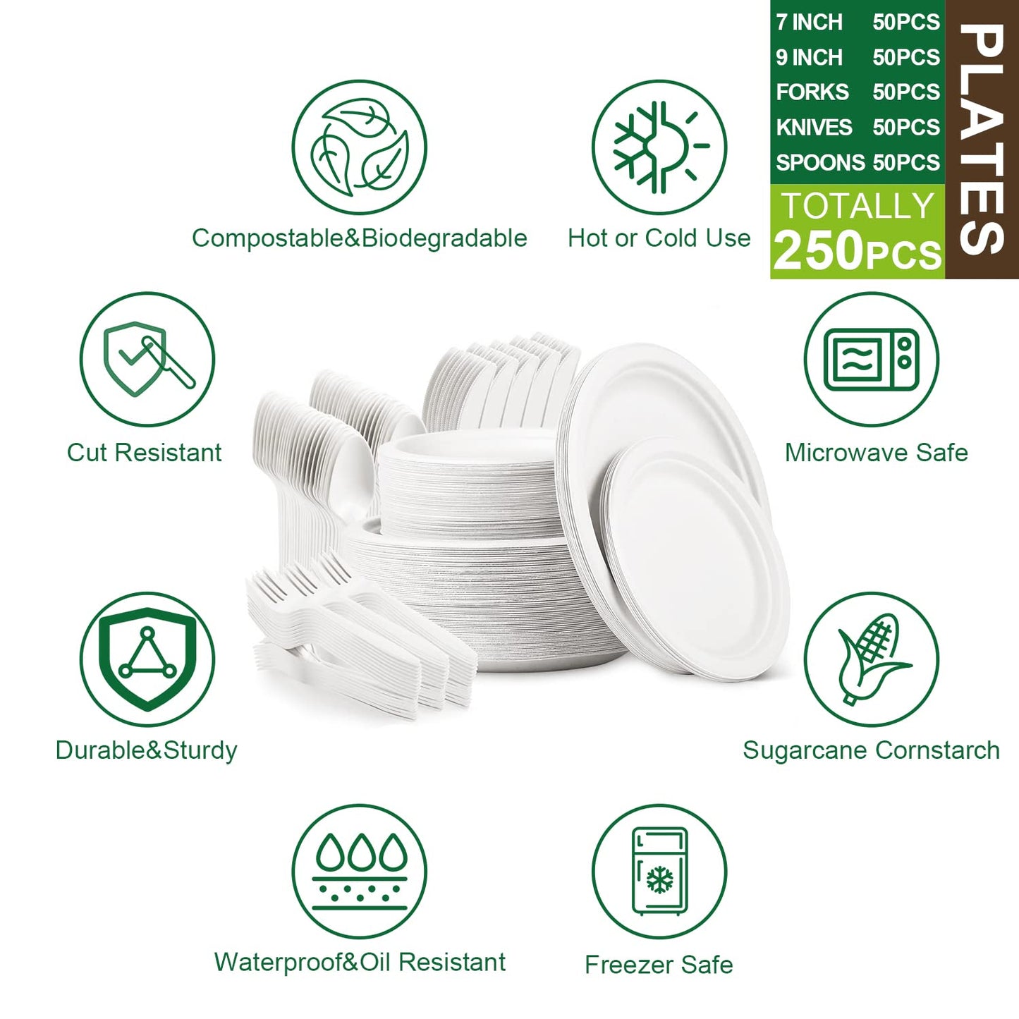 Jeopace Paper Plates Set 250PCS,Eco Paper Plates for Party,9 Inch and 7 Inch Sugarcane Bagasse Biodegradable Paper Plates,Cornstarch Forks,Knives and Spoons Plates Set for 50 People(White)