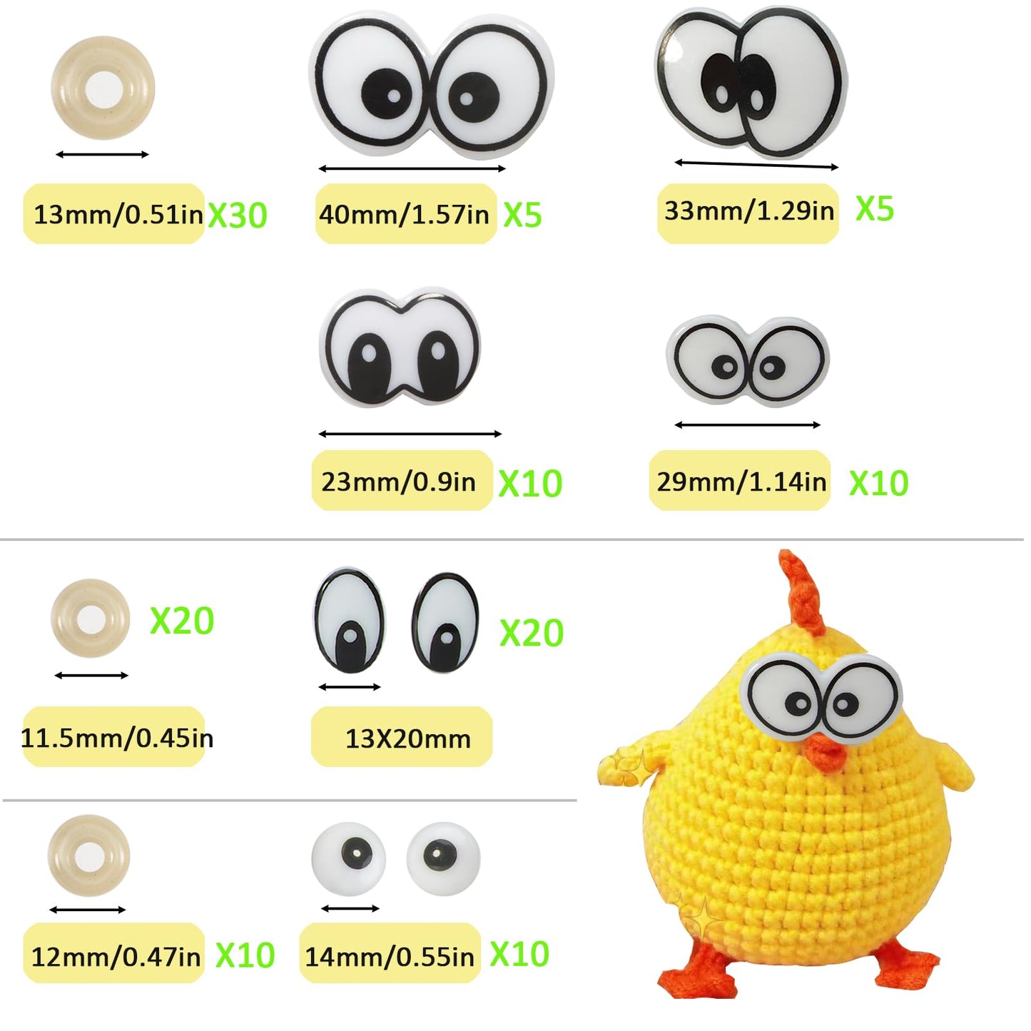 Zhbrchz 120pcs 14mm-38mm Plastic Safety Eyes Cartoon Eyes Crafts Safety Eyes with Washers for Amigurumi Crochet Bears Stuffed Animals DIY Clay Doll Making