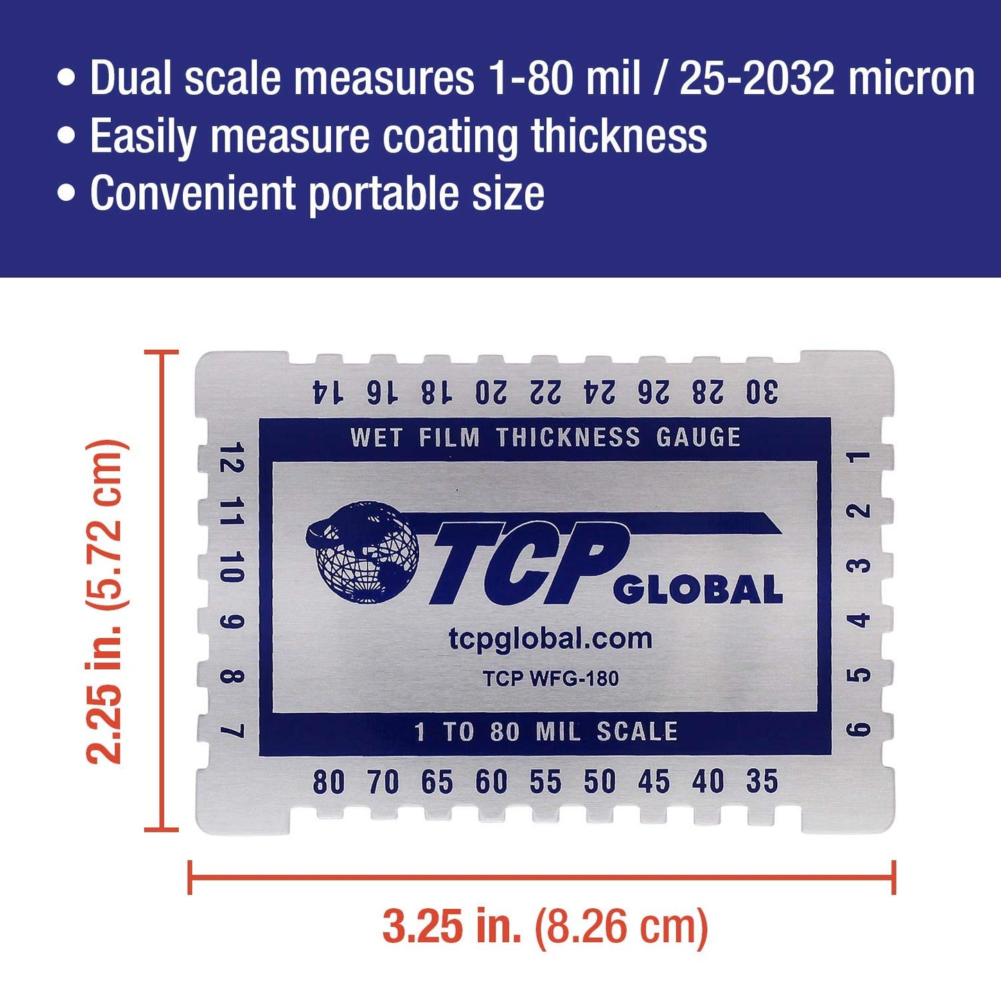 TCP Global Wet Film Thickness Gauge Comb, 1-80 Mil Scale, Step and notched for Paints Resins
