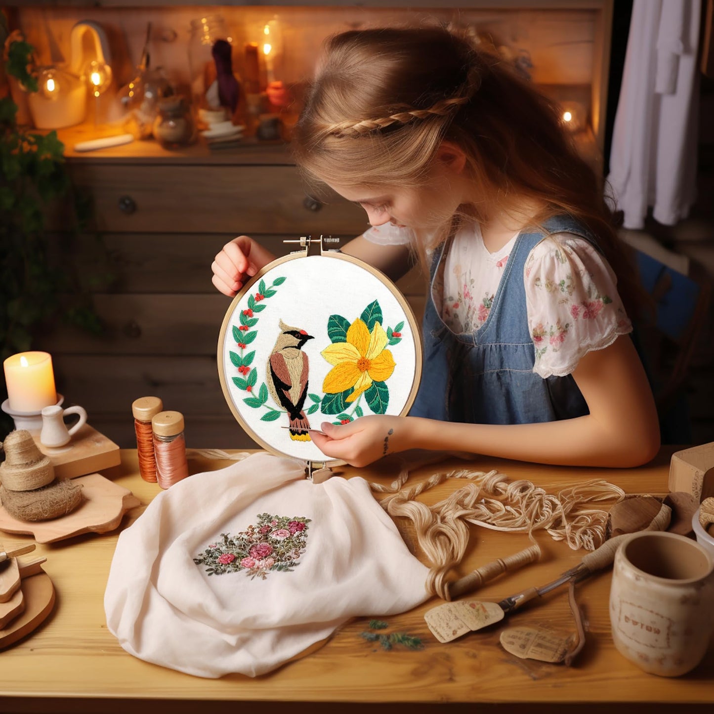 4 Sets Embroidery Set for Beginners, Art Craft, Easy Sewing, Includes Embroidery Clothing, Pattern, Embroidery Hoop, Instruction Manual, Colorful Thread Needles Set (6 Pieces)