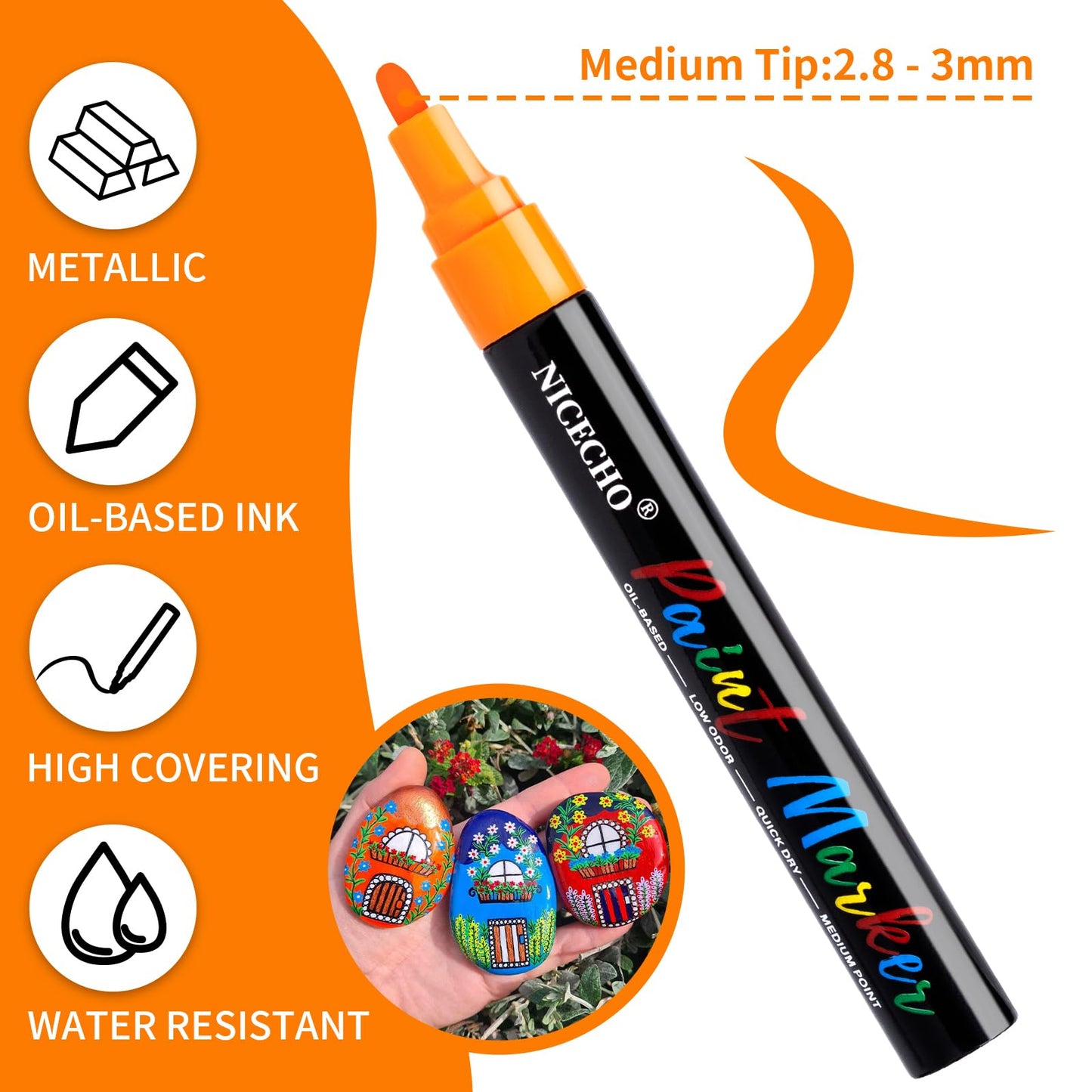 Nicecho Oil-Based Paint Pens, 12 Colors Permanent Paint Markers Medium Tip Never Fade Quick Drying and Waterproof Marker Set for Metal, Wood, Fabric, Tire, Stone, Canvas, Mugs, Glass, DIY Craft