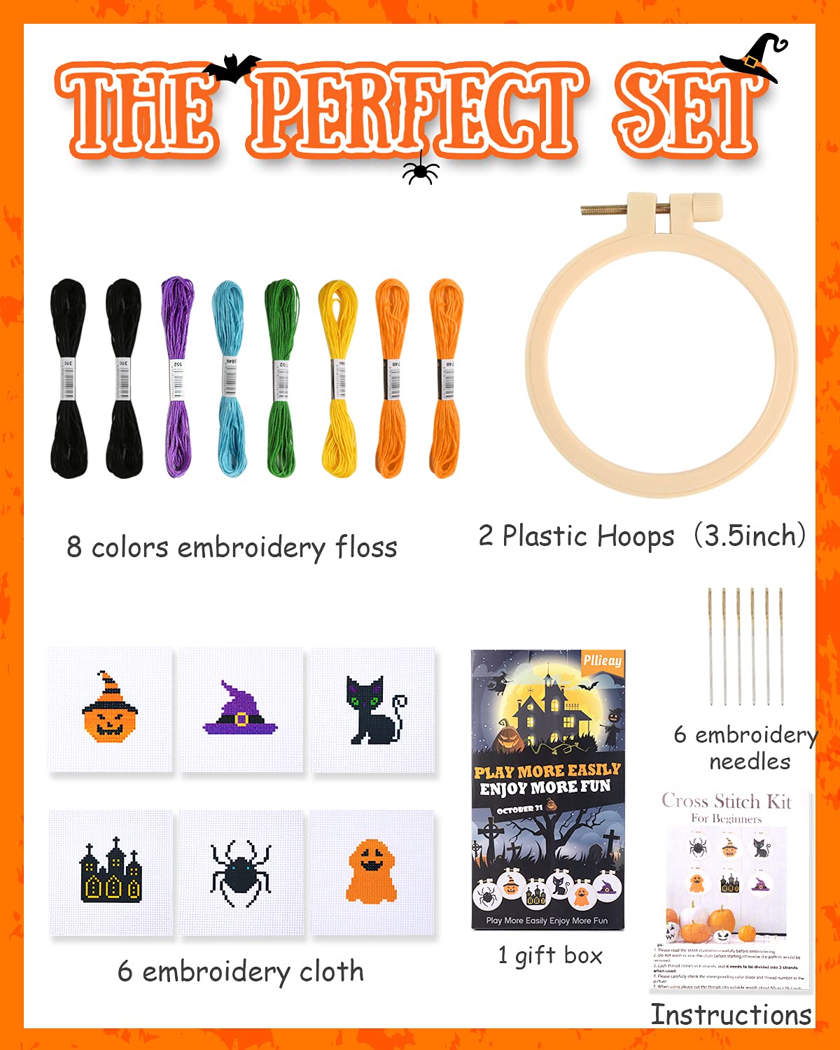 Pllieay Halloween Cross Stitch Beginner Kit for Kids 7-13, Includes 6pcs Project Cross Stitch Pattern and 2pcs Hoops, 8 Skeins, Needle Point Starter Kit Sewing Set with Instructions