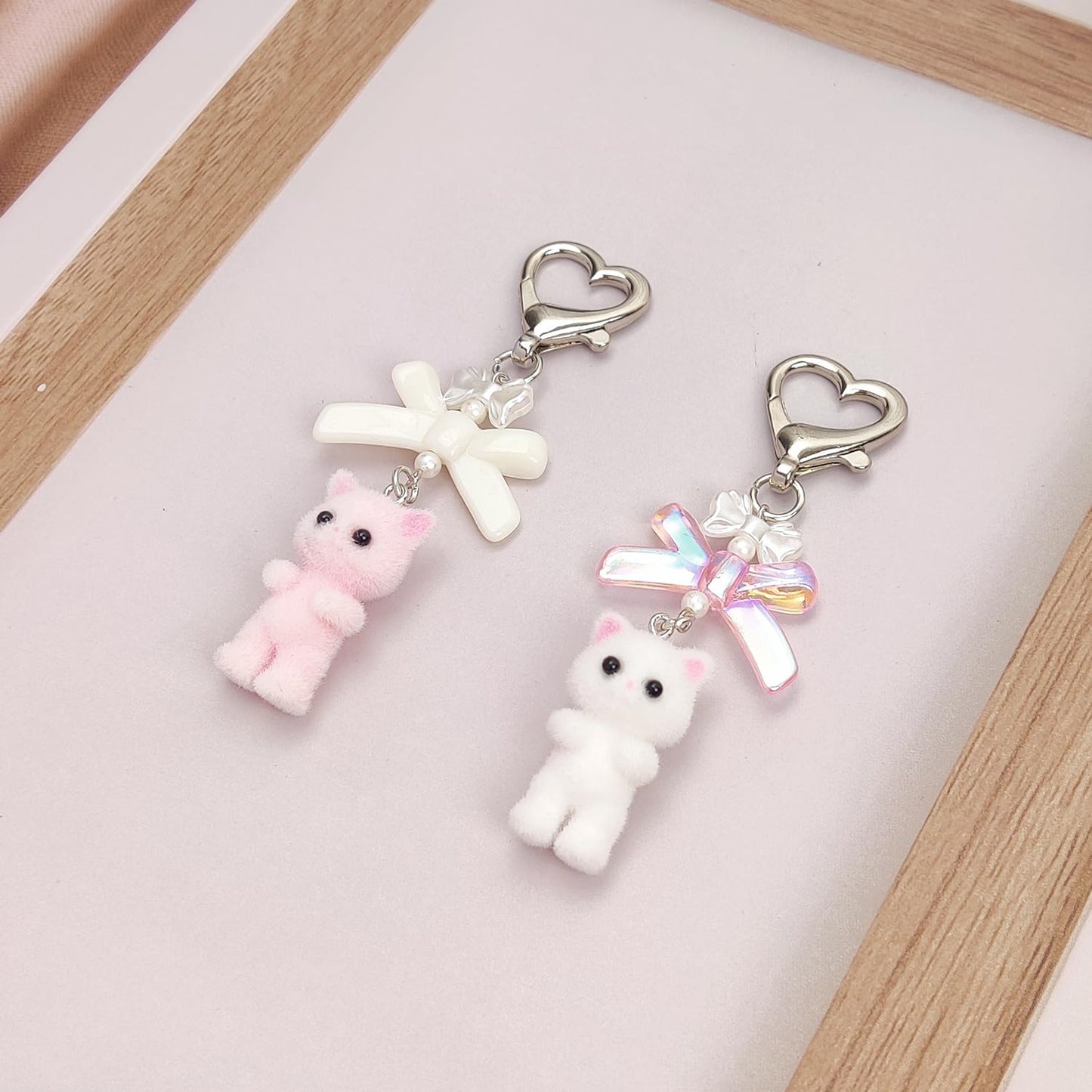 Nalefow Cute Pink Keychain, Fuzzy Cat Keychain Aesthetic Y2K KeychainCharms Stylish KeychainsAccessories for Bag Charms Purse Gifts (2PCS Pink White Cat Sets)